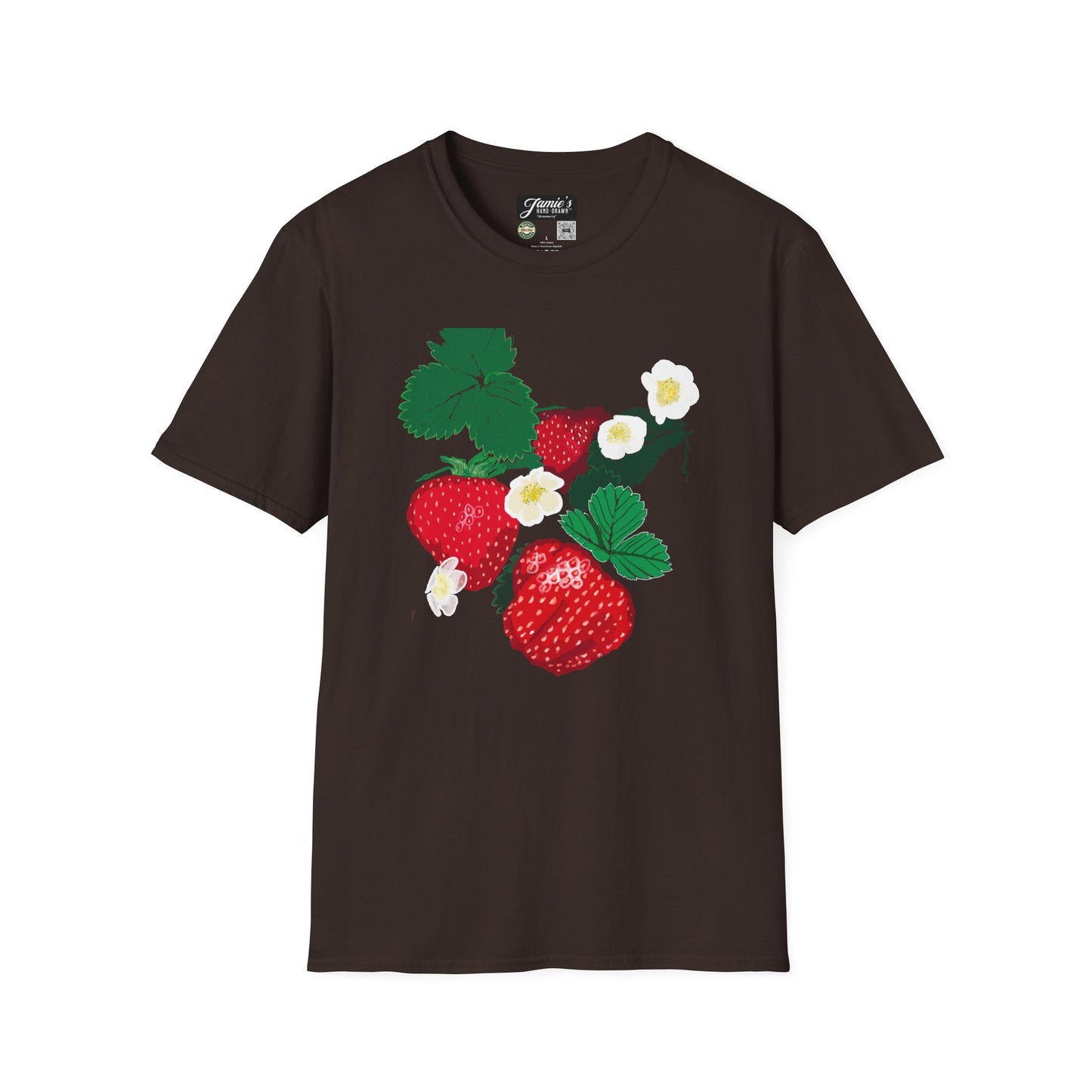 "Strawberry" Jamie's Hand-Drawn Fruity Vibes T-Shirt, Strawberry Design, Unisex Summer Tee, Cute Casual Shirt, Nature Lover Gift, Eco-Friendly Fashion
