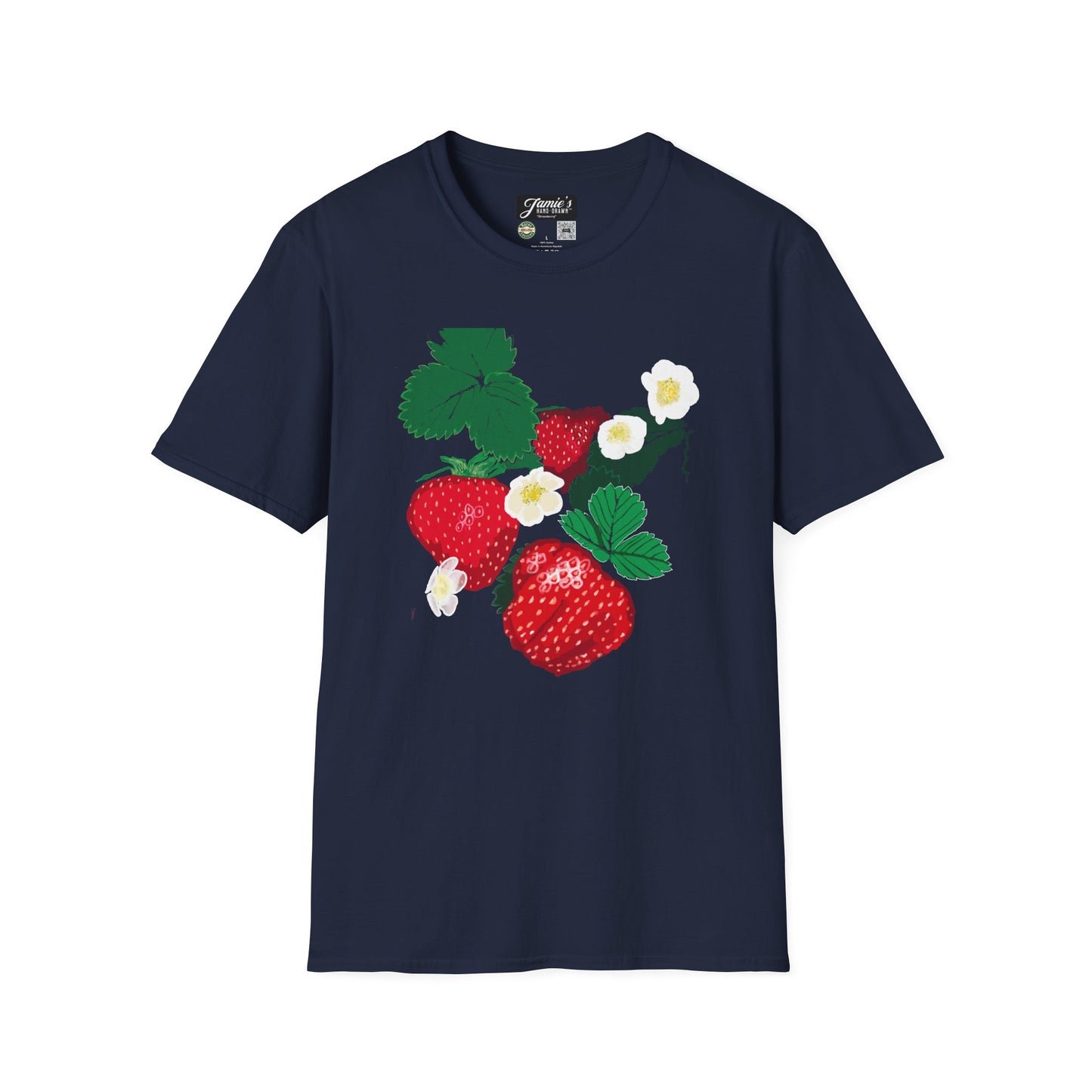 "Strawberry" Jamie's Hand-Drawn Fruity Vibes T-Shirt, Strawberry Design, Unisex Summer Tee, Cute Casual Shirt, Nature Lover Gift, Eco-Friendly Fashion