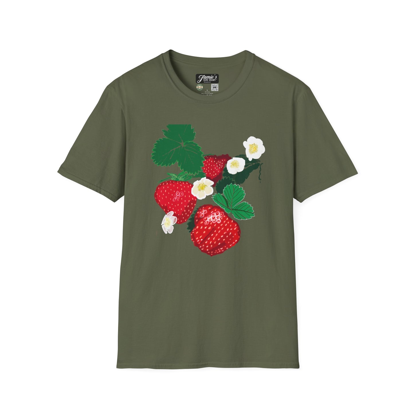 "Strawberry" Jamie's Hand-Drawn Fruity Vibes T-Shirt, Strawberry Design, Unisex Summer Tee, Cute Casual Shirt, Nature Lover Gift, Eco-Friendly Fashion