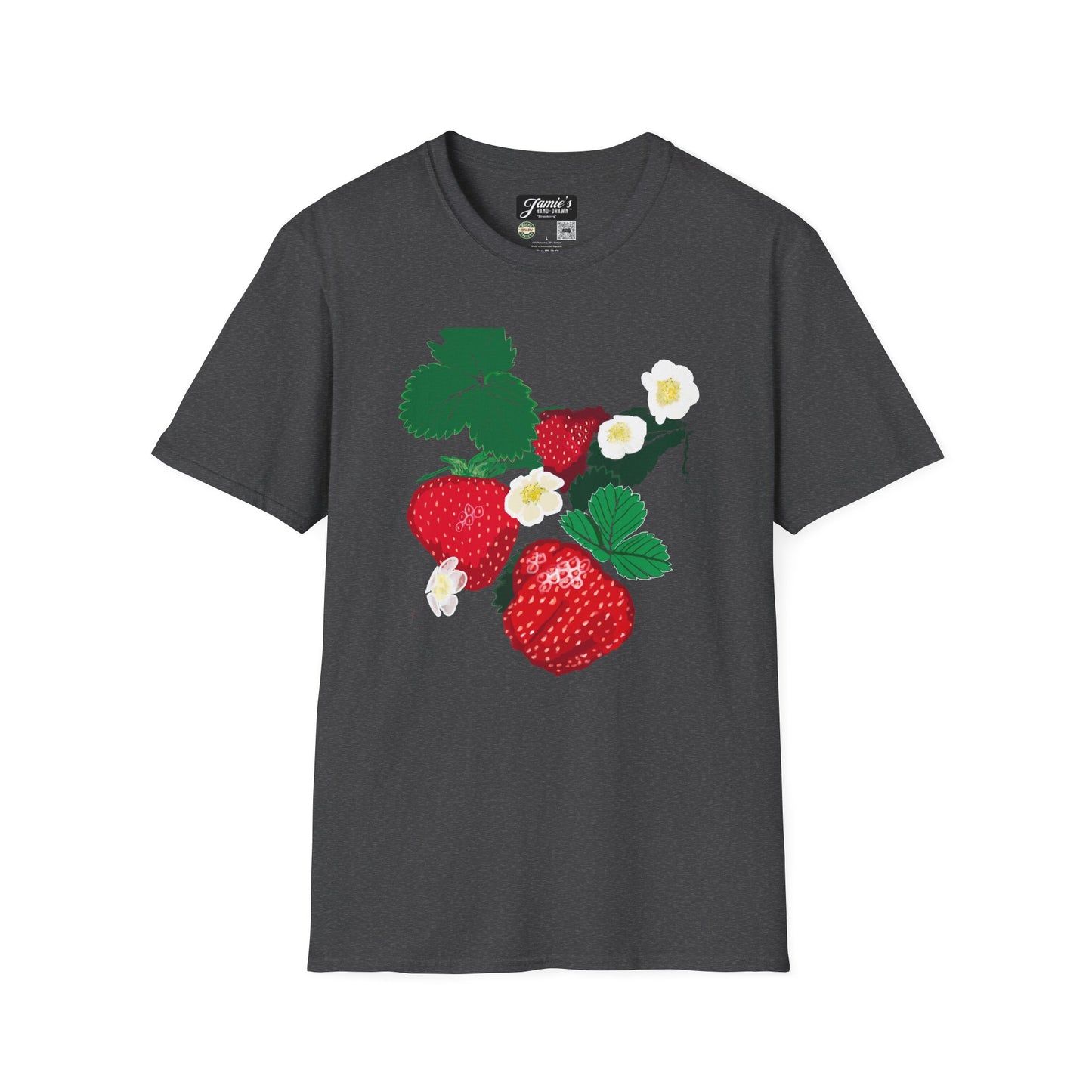 "Strawberry" Jamie's Hand-Drawn Fruity Vibes T-Shirt, Strawberry Design, Unisex Summer Tee, Cute Casual Shirt, Nature Lover Gift, Eco-Friendly Fashion