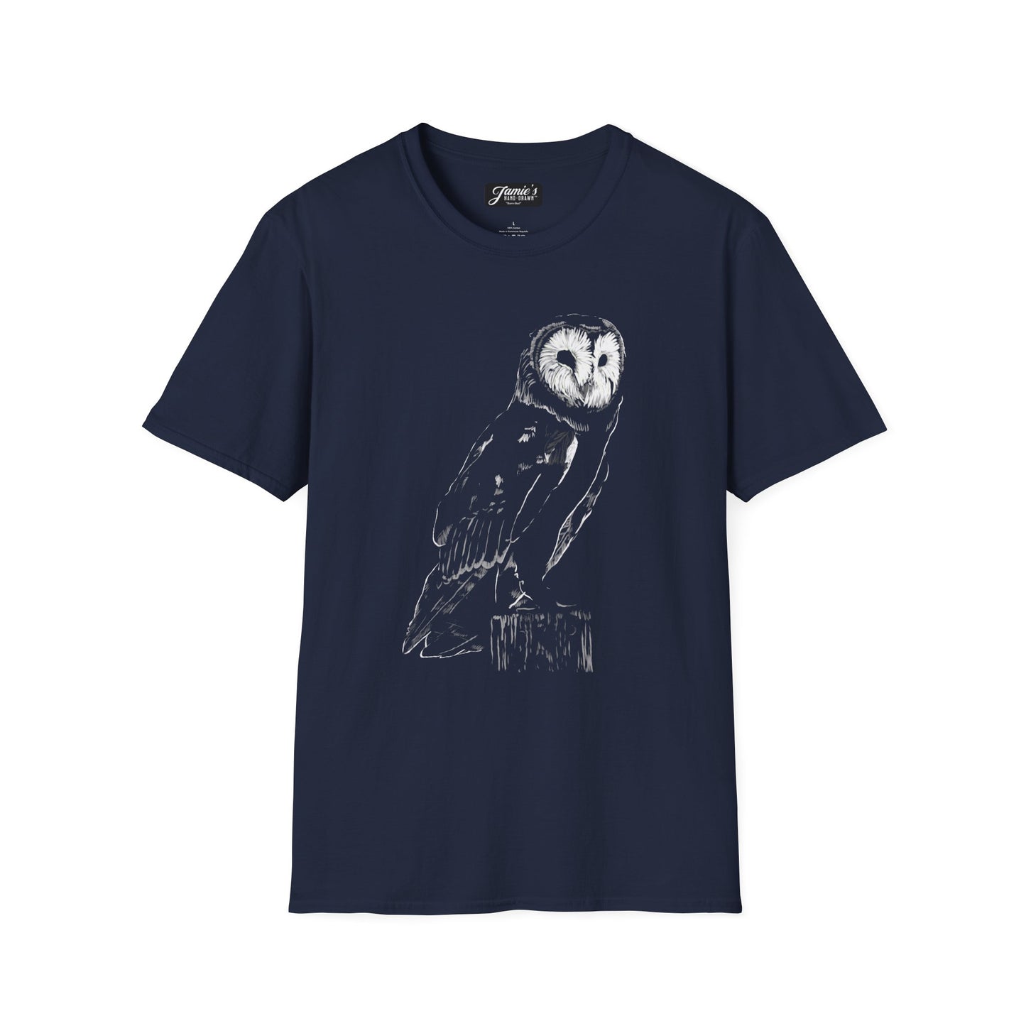 "Barn Owl" Jamie's Hand-Drawn Owl Collection Owl Graphic T-Shirt, Nature Lovers Tee, Unisex Softstyle Shirt, Gift for Birdwatchers, Eco-Friendly Apparel