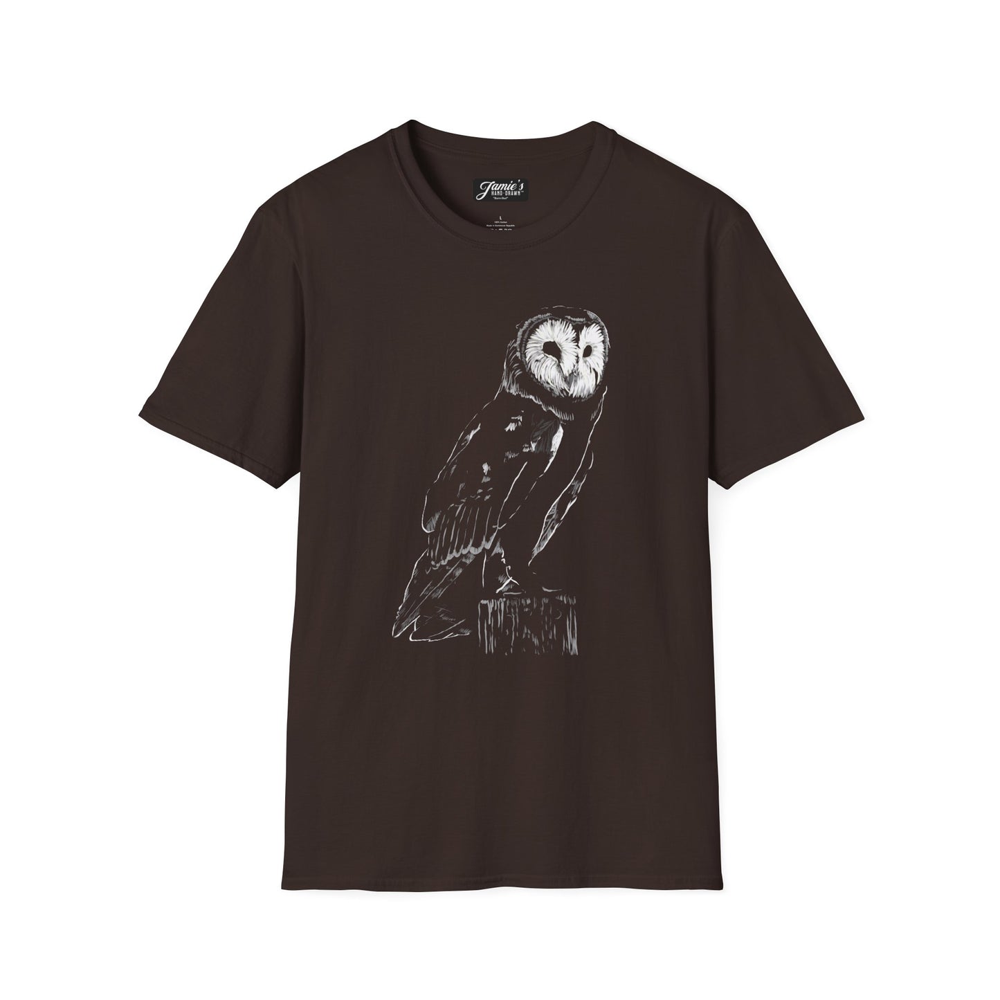 "Barn Owl" Jamie's Hand-Drawn Owl Collection Owl Graphic T-Shirt, Nature Lovers Tee, Unisex Softstyle Shirt, Gift for Birdwatchers, Eco-Friendly Apparel