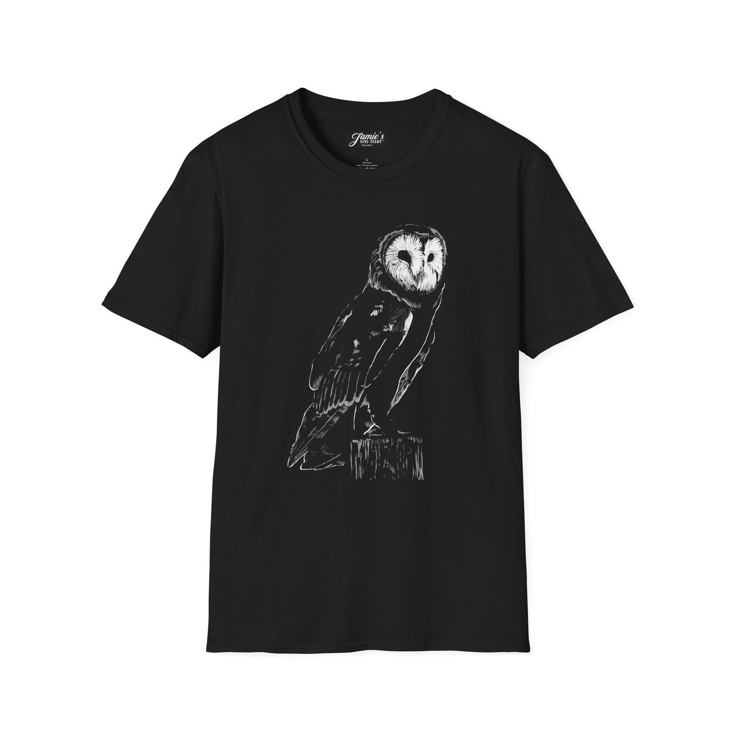 "Barn Owl" Jamie's Hand-Drawn Owl Collection Owl Graphic T-Shirt, Nature Lovers Tee, Unisex Softstyle Shirt, Gift for Birdwatchers, Eco-Friendly Apparel