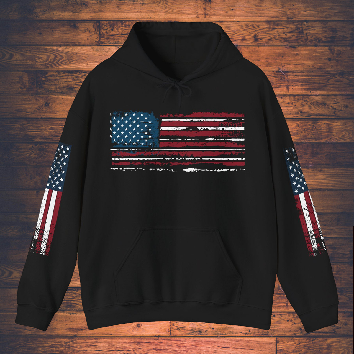 Grunge American Flag Hooded Sweatshirt 'United We Stand - Shall Not Be Infringed' Rifles Crossed Design