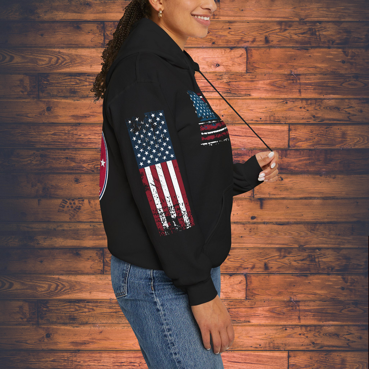Grunge American Flag Hooded Sweatshirt 'United We Stand - Shall Not Be Infringed' Rifles Crossed Design