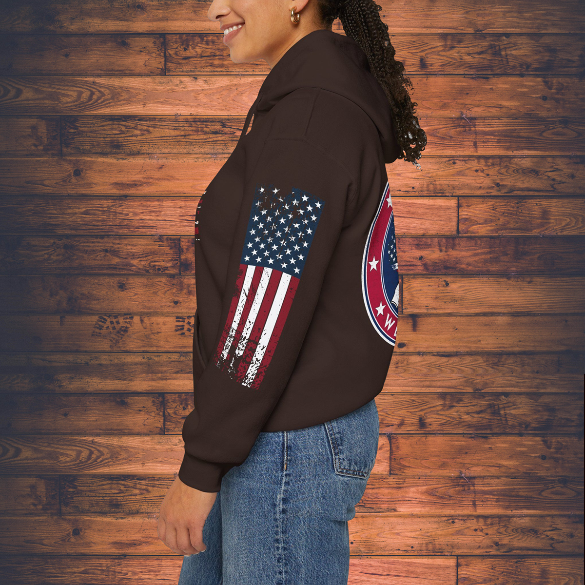 Grunge American Flag Hooded Sweatshirt 'United We Stand - Shall Not Be Infringed' Rifles Crossed Design