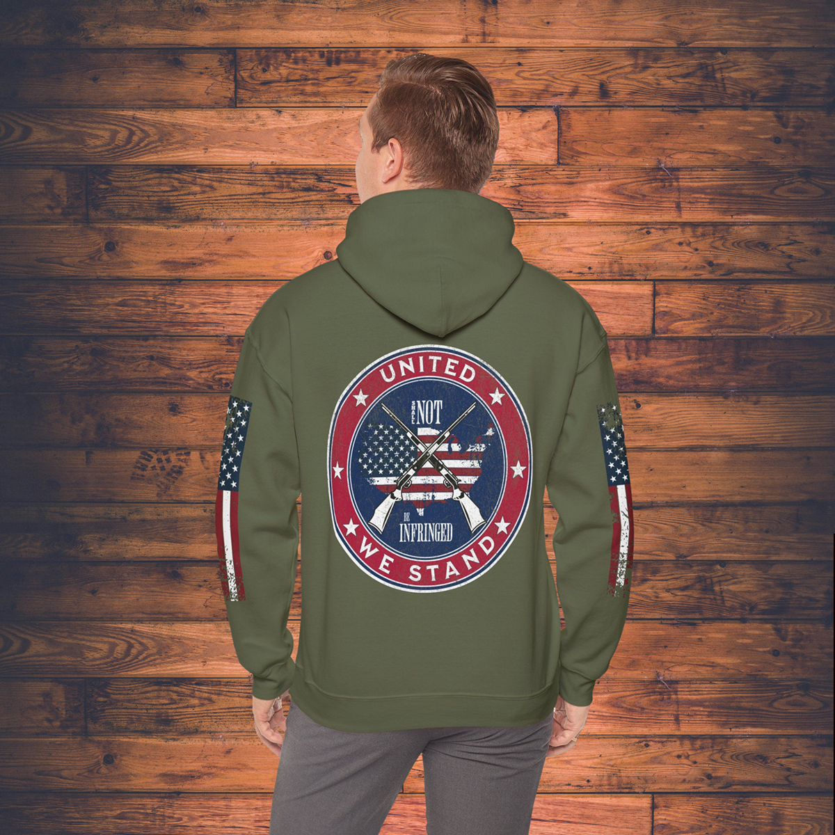 Grunge American Flag Hooded Sweatshirt 'United We Stand - Shall Not Be Infringed' Rifles Crossed Design