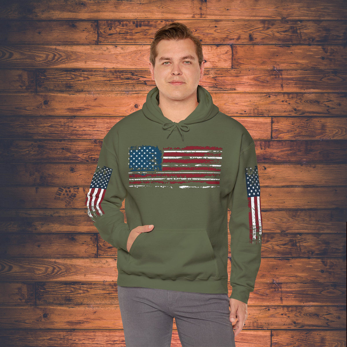 Grunge American Flag Hooded Sweatshirt 'United We Stand - Shall Not Be Infringed' Rifles Crossed Design