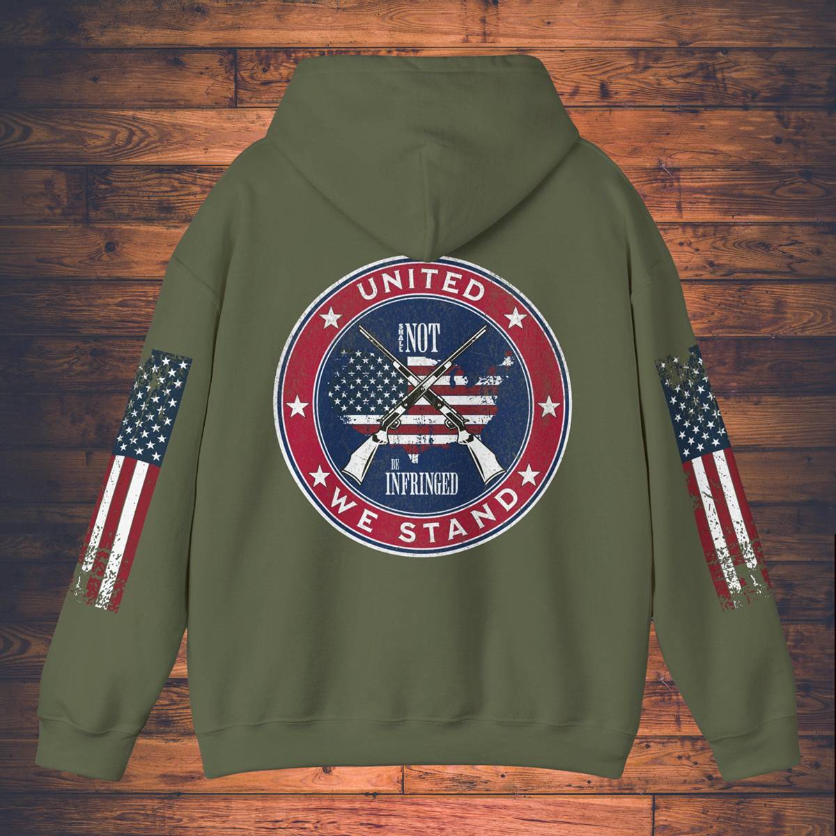Grunge American Flag Hooded Sweatshirt 'United We Stand - Shall Not Be Infringed' Rifles Crossed Design