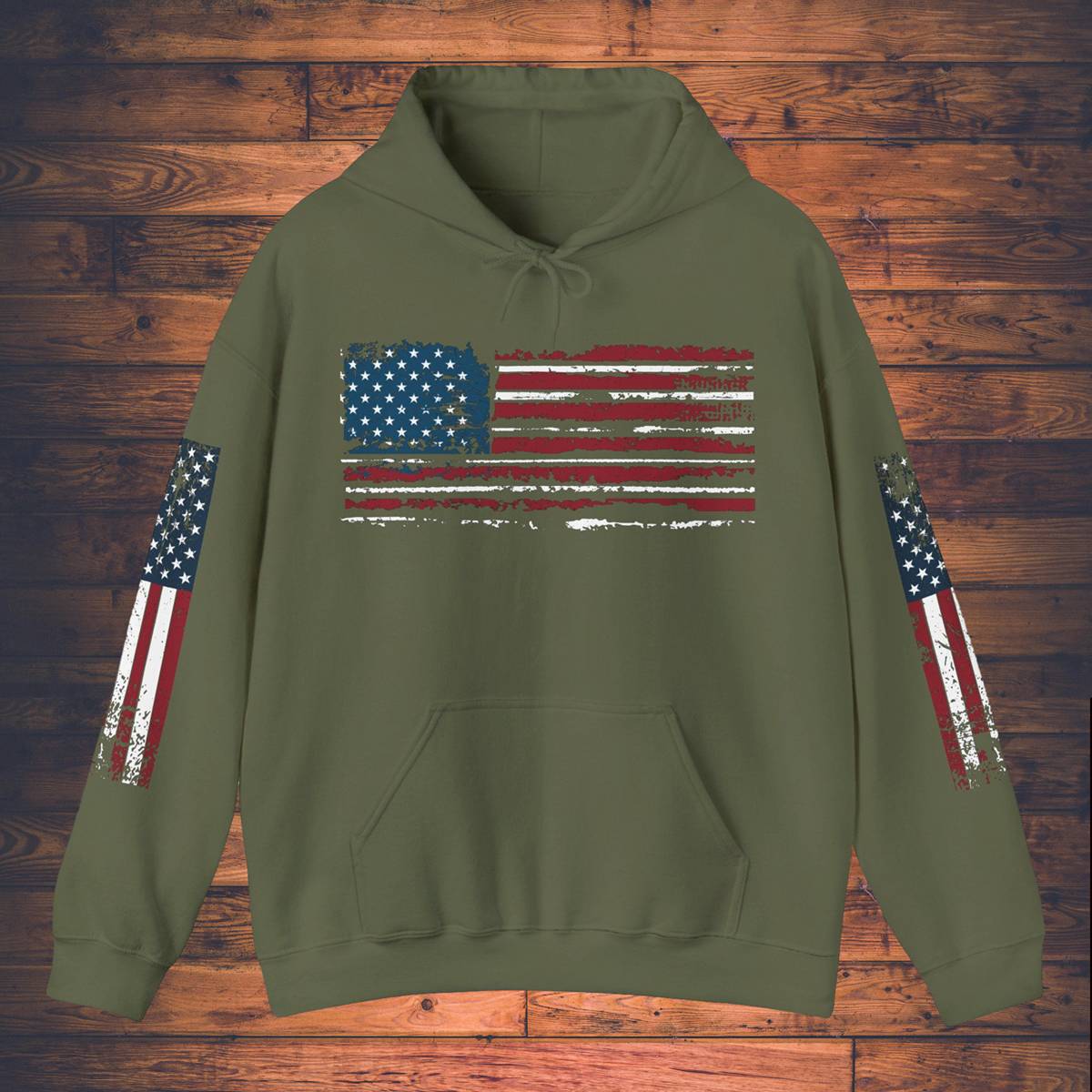 Grunge American Flag Hooded Sweatshirt 'United We Stand - Shall Not Be Infringed' Rifles Crossed Design