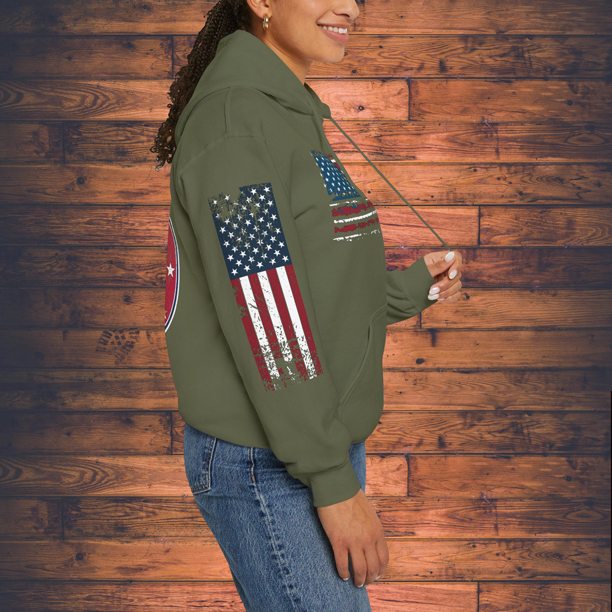 Grunge American Flag Hooded Sweatshirt 'United We Stand - Shall Not Be Infringed' Rifles Crossed Design