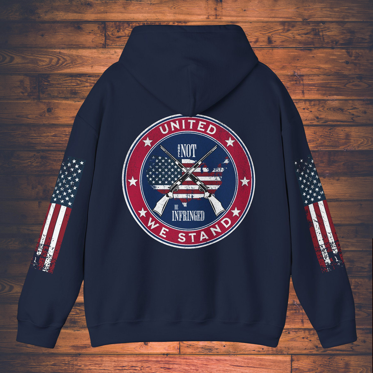 Grunge American Flag Hooded Sweatshirt 'United We Stand - Shall Not Be Infringed' Rifles Crossed Design