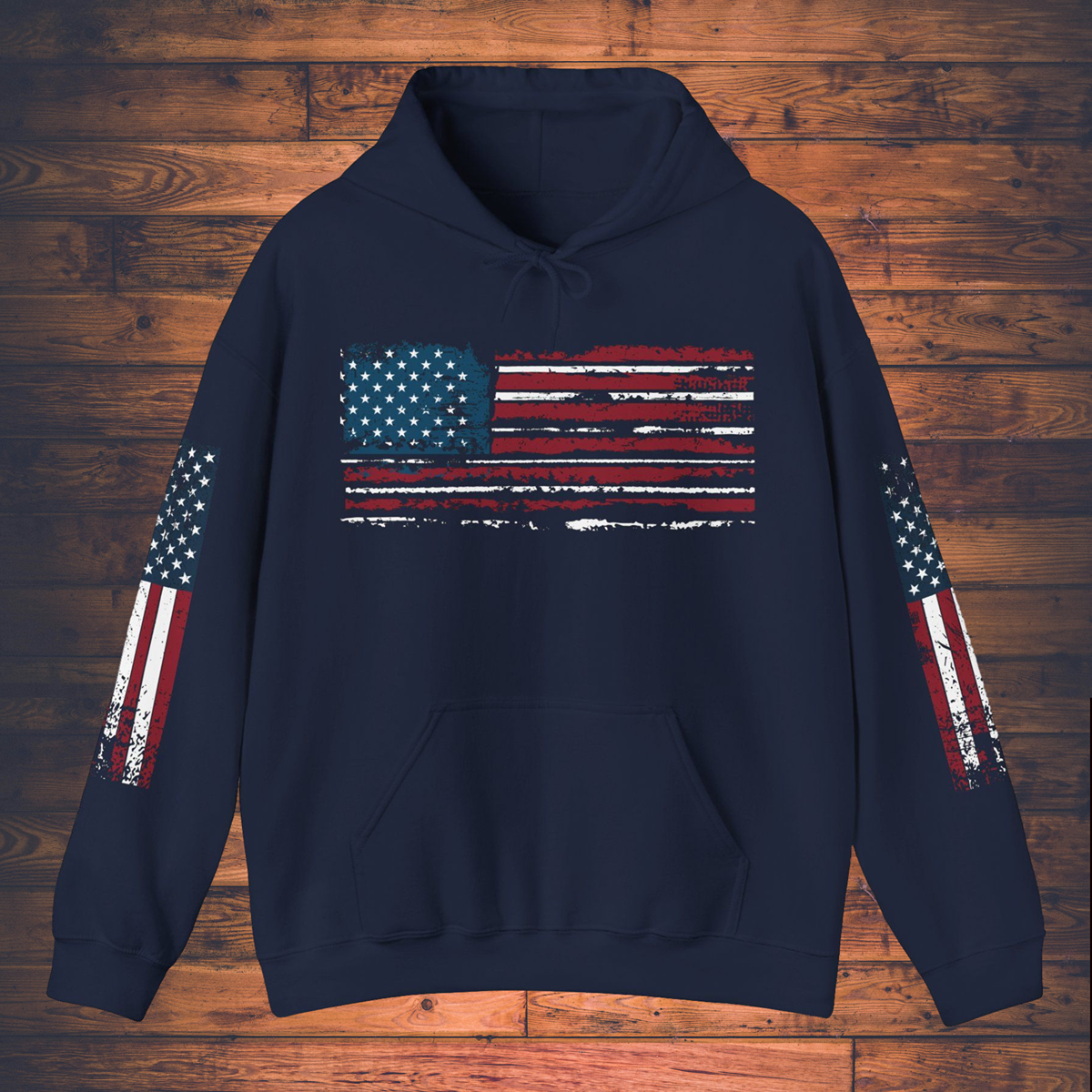 Grunge American Flag Hooded Sweatshirt 'United We Stand - Shall Not Be Infringed' Rifles Crossed Design