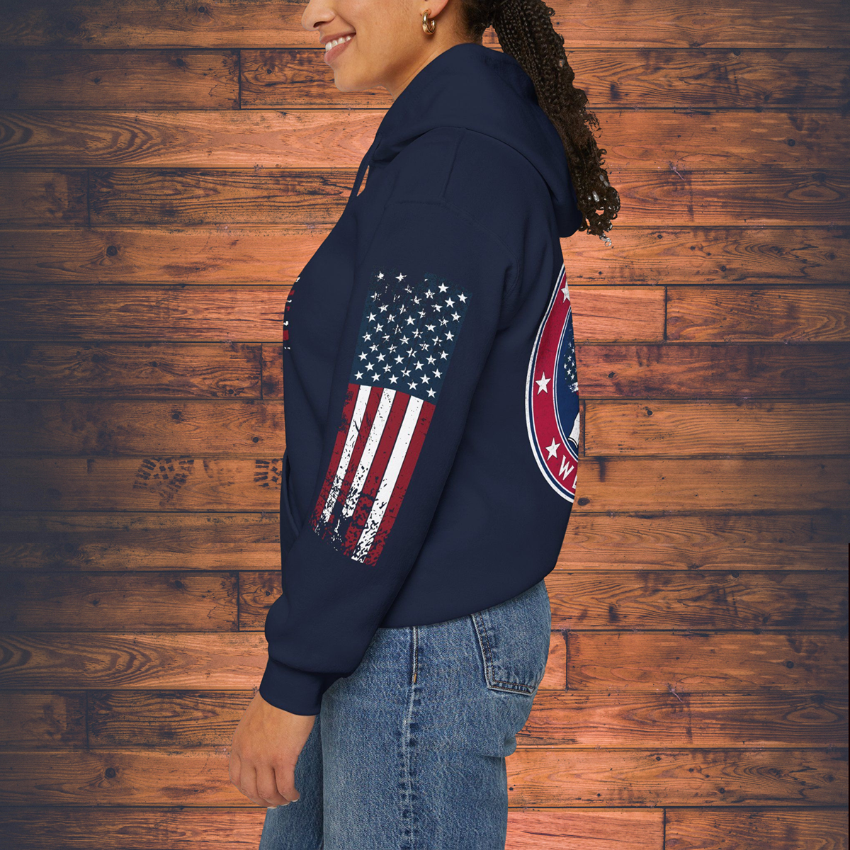 Grunge American Flag Hooded Sweatshirt 'United We Stand - Shall Not Be Infringed' Rifles Crossed Design