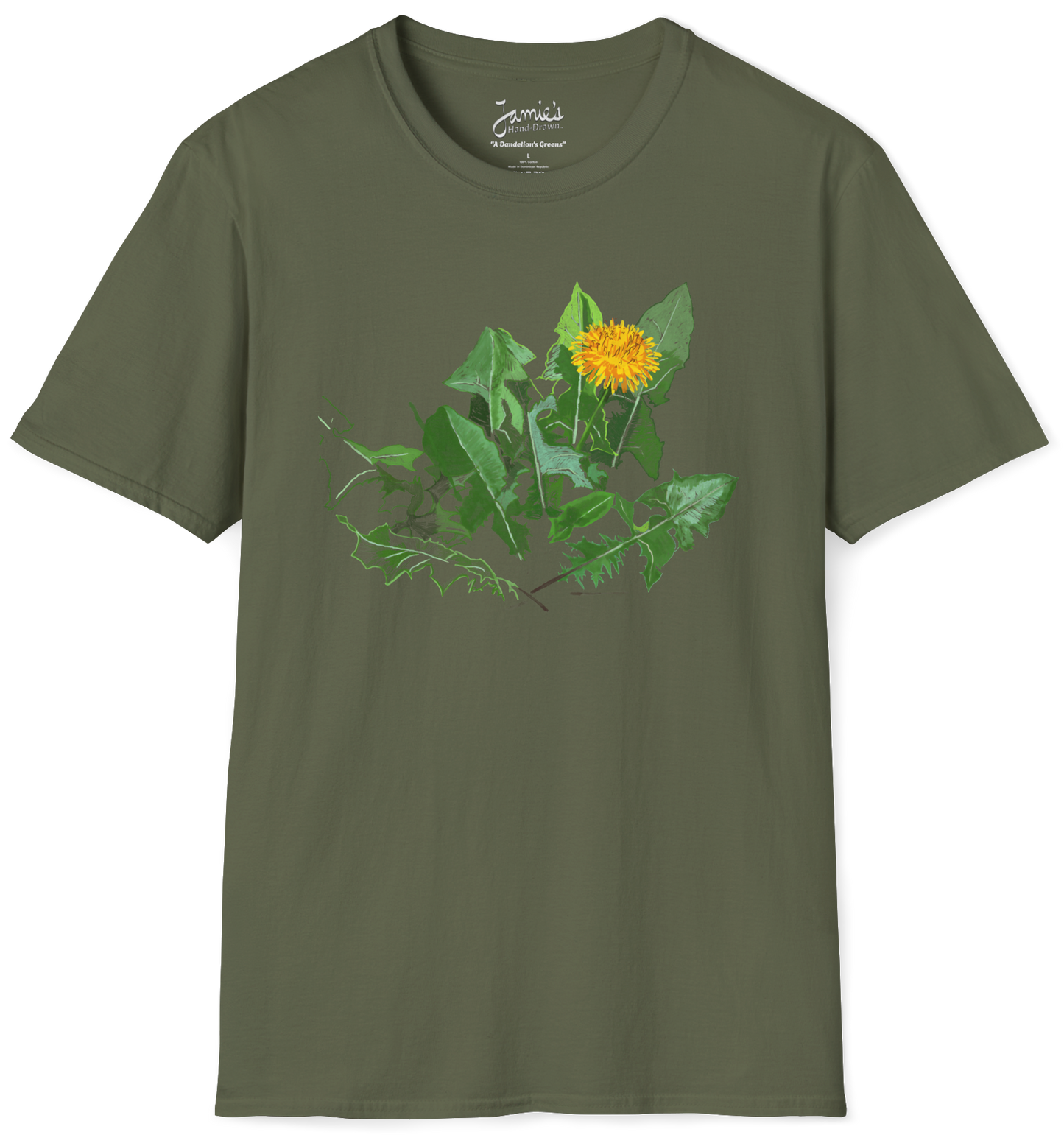 Jamie's Hand-Drawn "A Dandelion's Greens" from the Floral Collection Unisex Soft-Style Tee Shirt