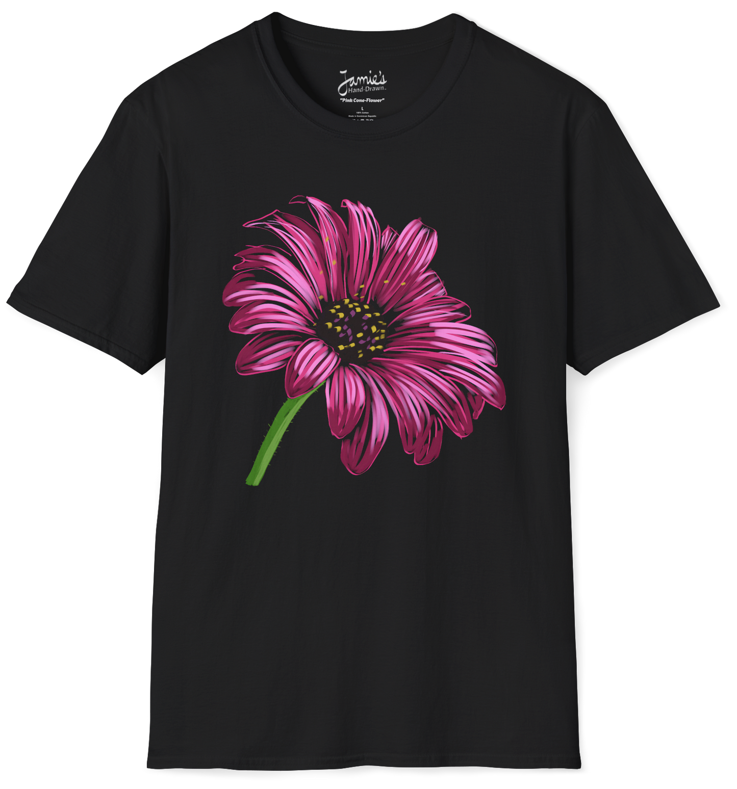 "Pink Cone-Flower" Jamie's Hand-Drawn Floral Collection Unisex Soft-Style Tee Shirt