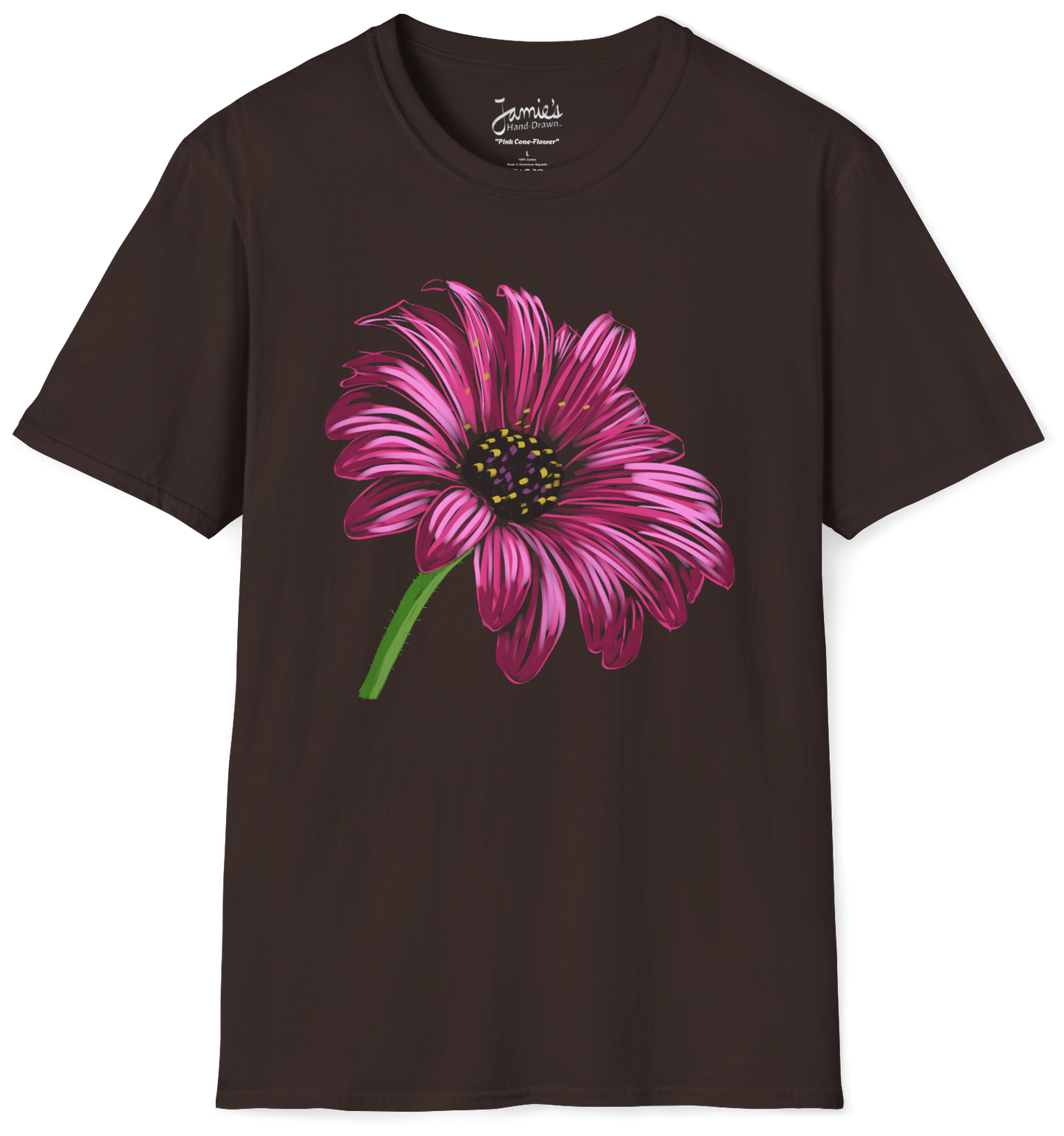 "Pink Cone-Flower" Jamie's Hand-Drawn Floral Collection Unisex Soft-Style Tee Shirt