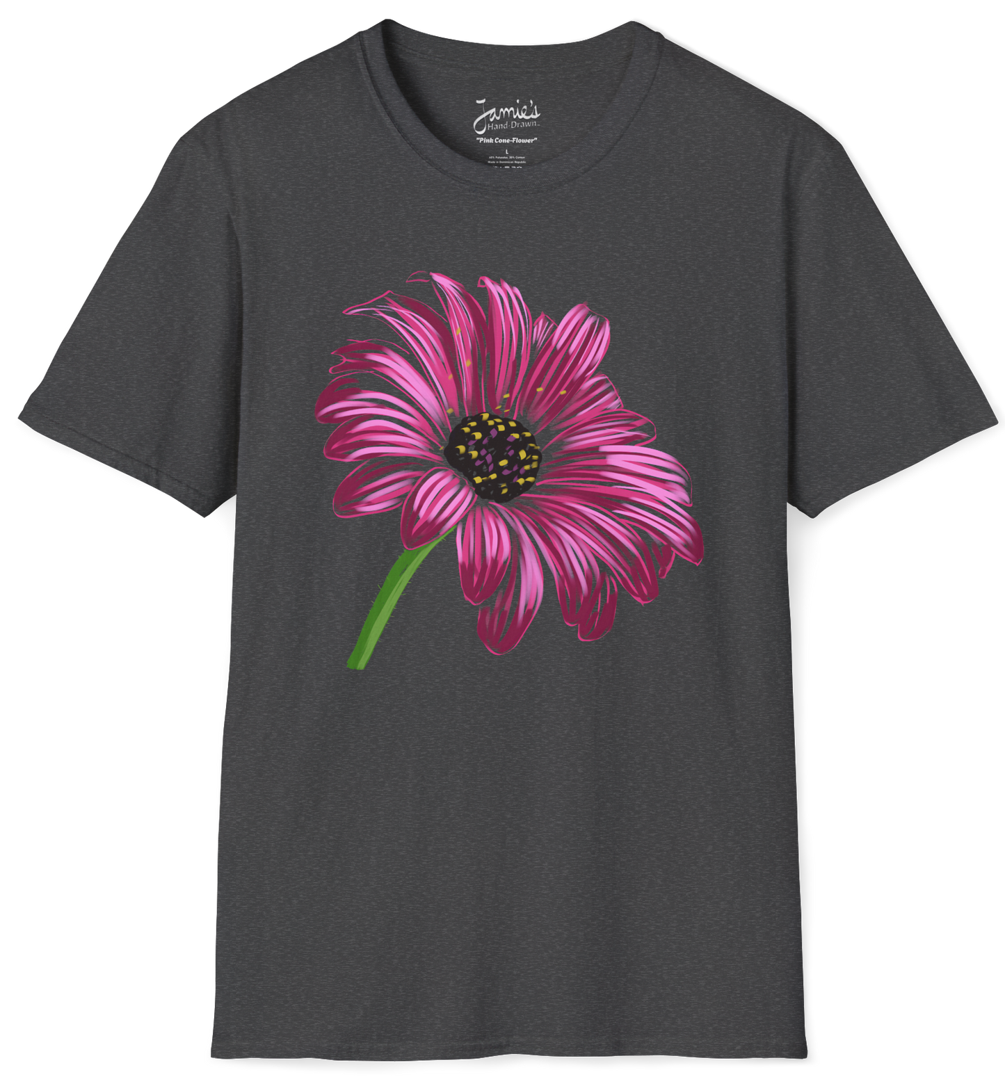 "Pink Cone-Flower" Jamie's Hand-Drawn Floral Collection Unisex Soft-Style Tee Shirt