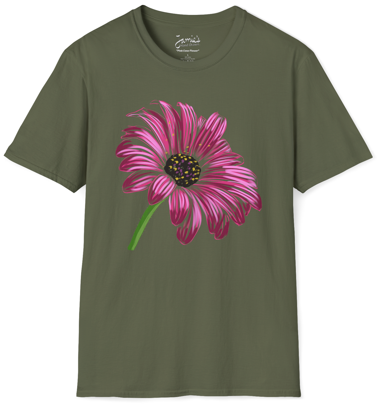 "Pink Cone-Flower" Jamie's Hand-Drawn Floral Collection Unisex Soft-Style Tee Shirt