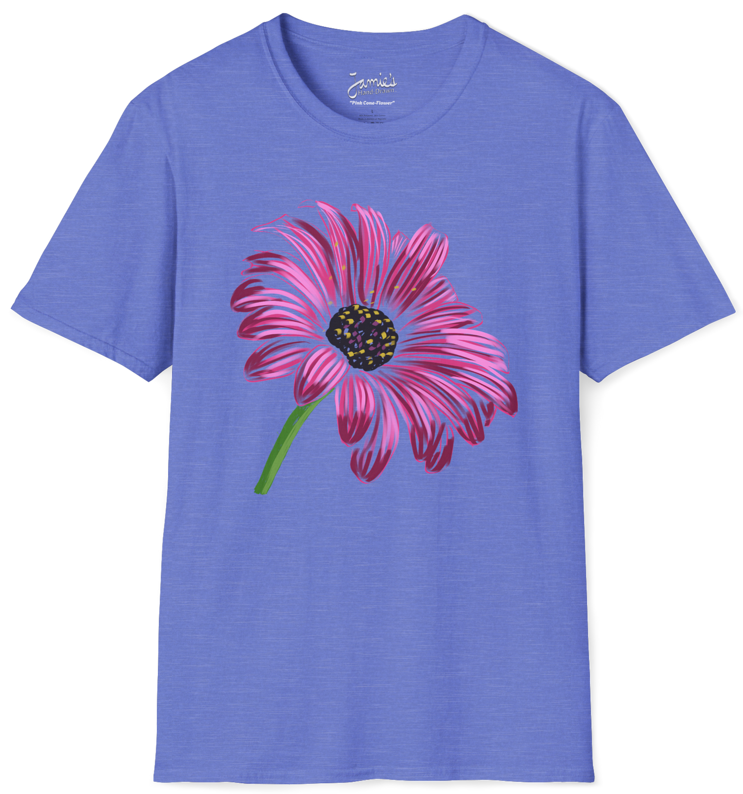 "Pink Cone-Flower" Jamie's Hand-Drawn Floral Collection Unisex Soft-Style Tee Shirt