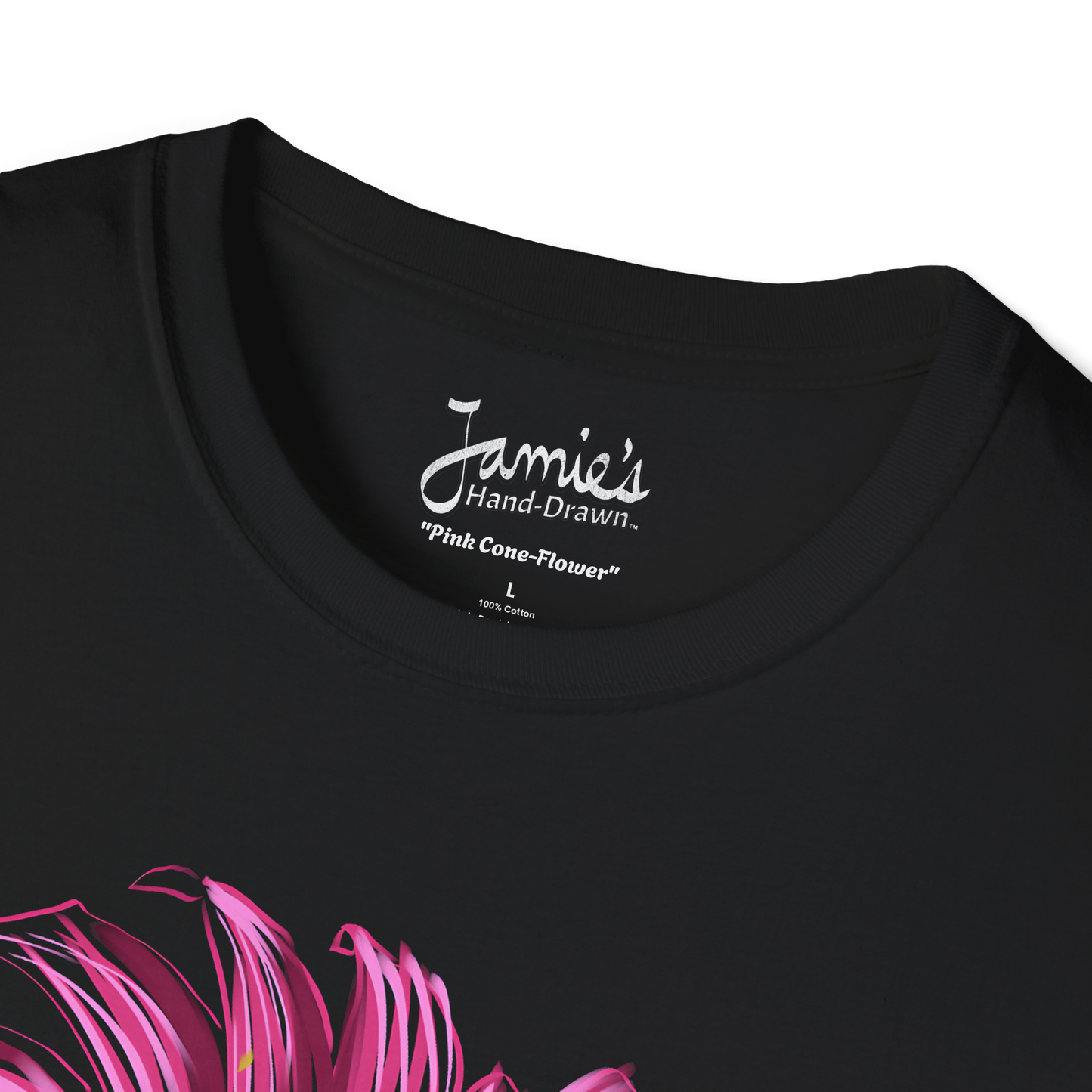 "Pink Cone-Flower" Jamie's Hand-Drawn Floral Collection Unisex Soft-Style Tee Shirt
