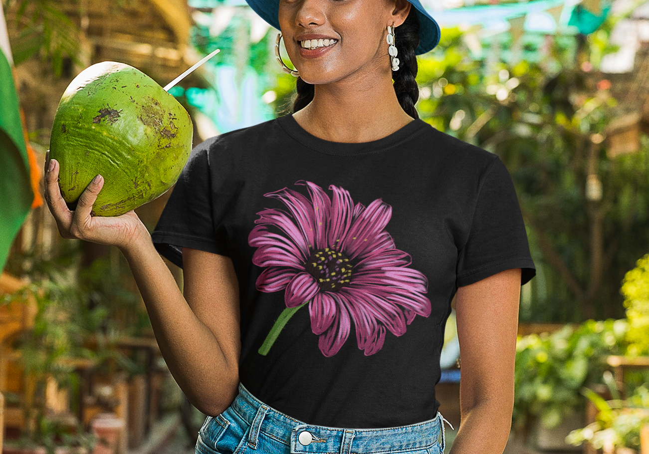 "Pink Cone-Flower" Jamie's Hand-Drawn Floral Collection Unisex Soft-Style Tee Shirt