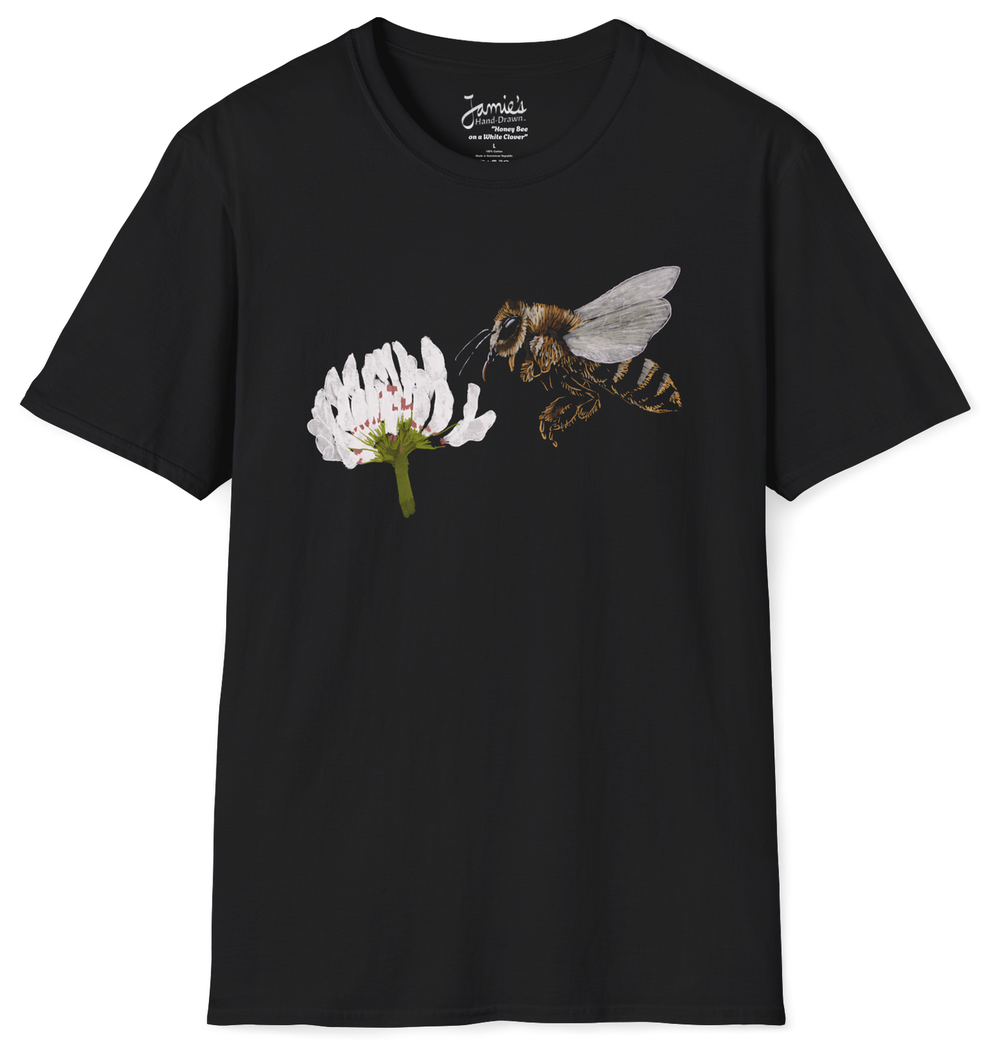 Jamie's Hand-Drawn Collection "Honey Bee on a White Clover" Unisex Soft-Style Tee Shirt