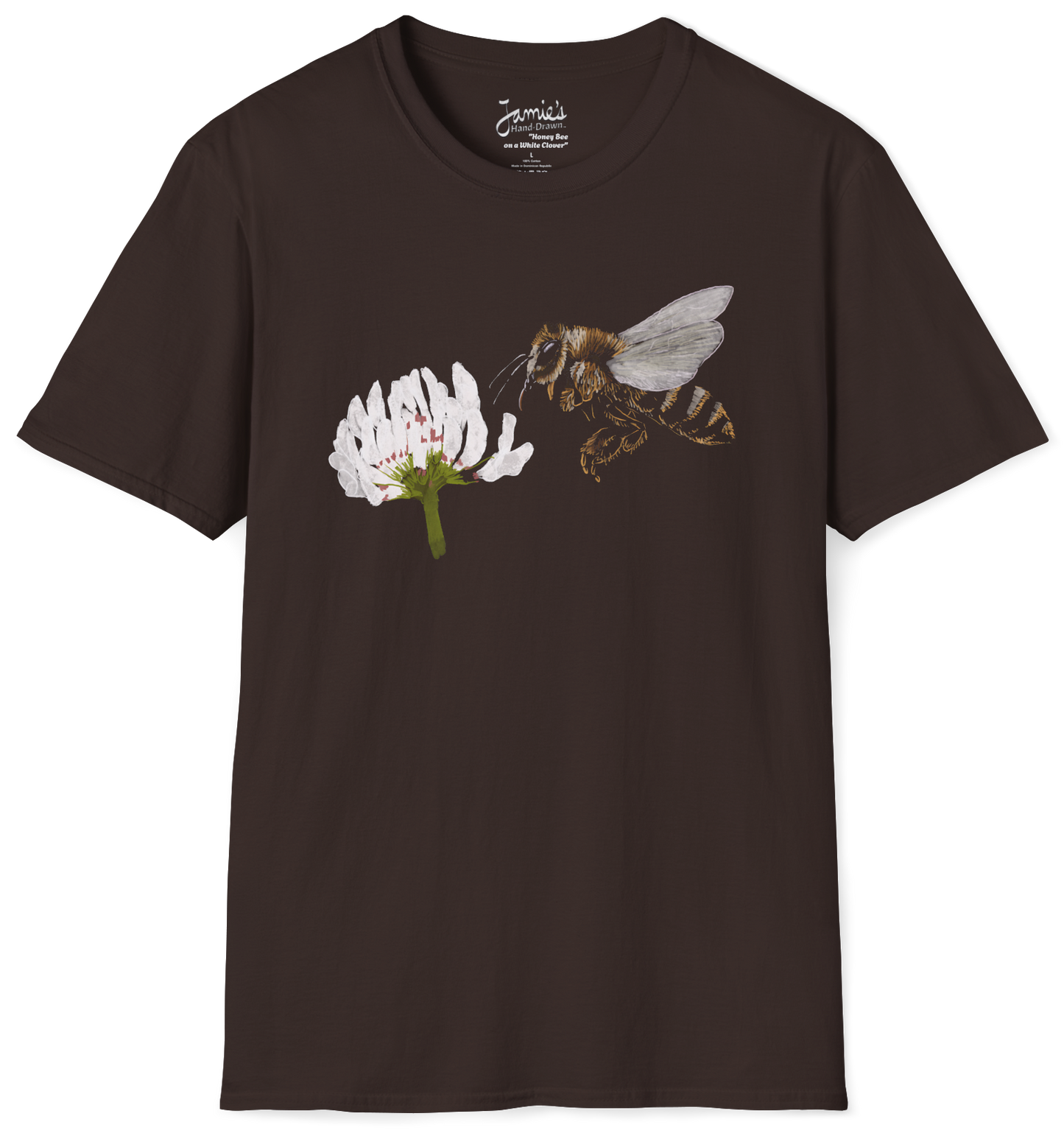 Jamie's Hand-Drawn Collection "Honey Bee on a White Clover" Unisex Soft-Style Tee Shirt
