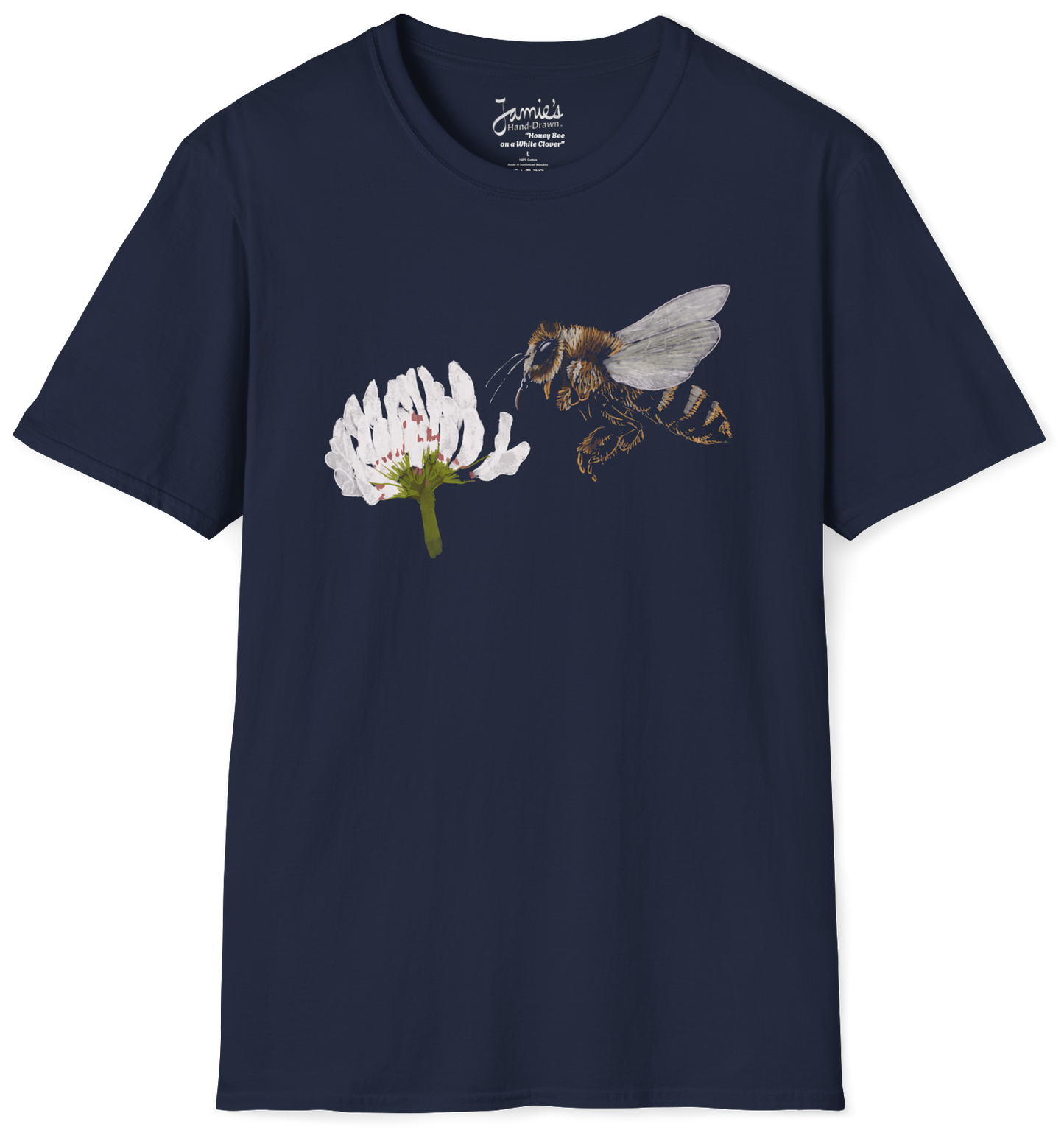 Jamie's Hand-Drawn Collection "Honey Bee on a White Clover" Unisex Soft-Style Tee Shirt