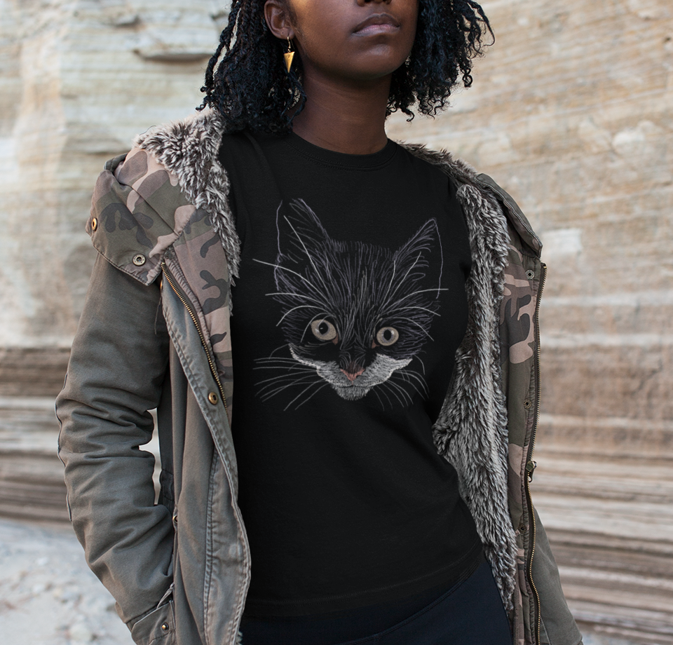 Jamie's Hand-Drawn Collection "Grey Eyed Kitty" Unisex Soft-Style Tee Shirt