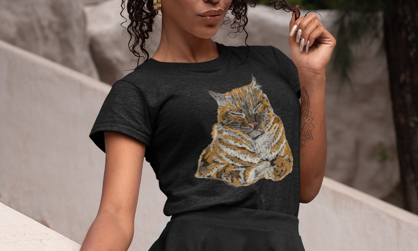 Jamie's Hand-Drawn Collection "Orange Sleepy Cat" Unisex Soft-Style Tee Shirt