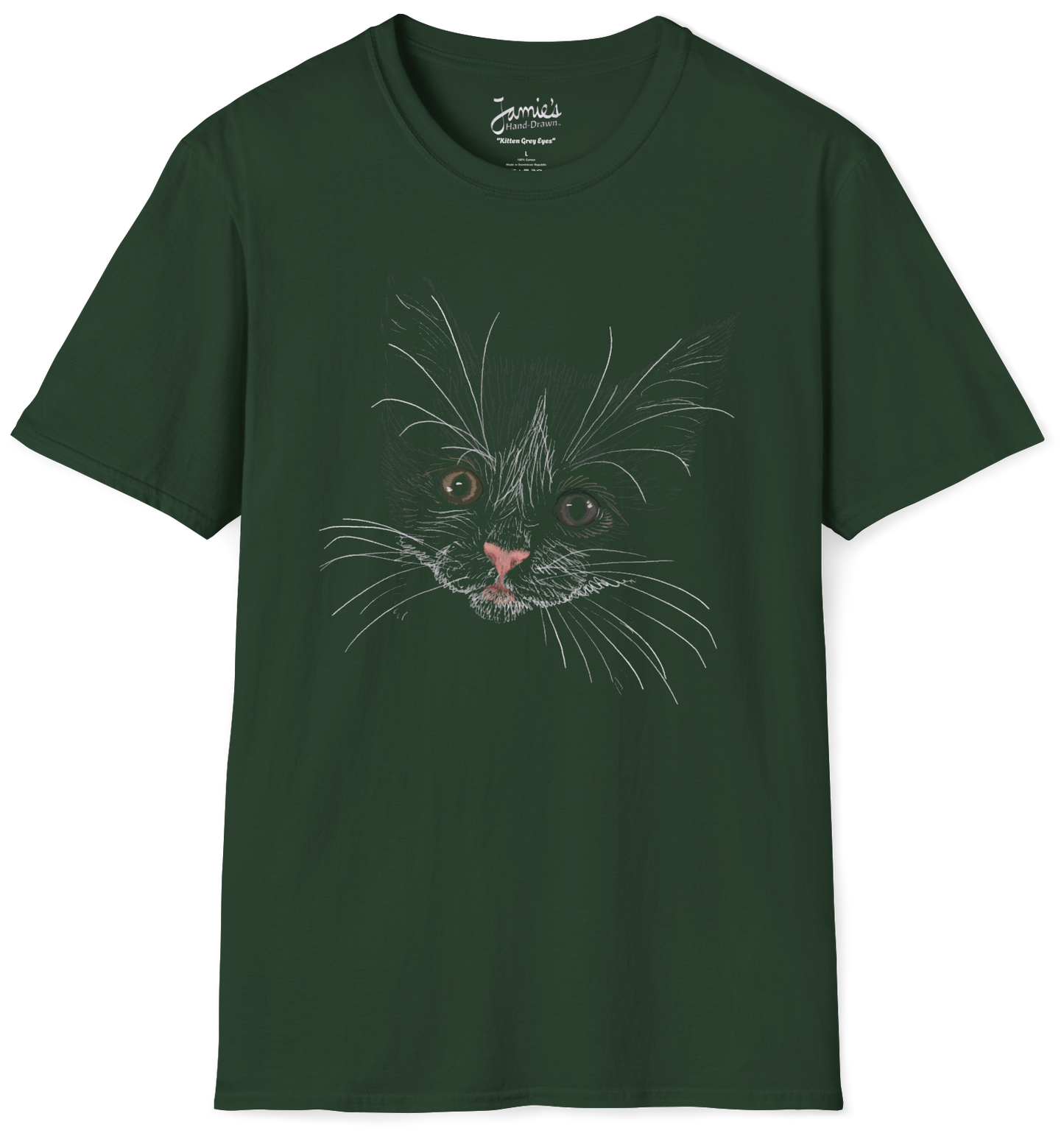 Jamie's Hand-Drawn Collection "Kitten Grey Eyes" Unisex Soft-Style Tee Shirt