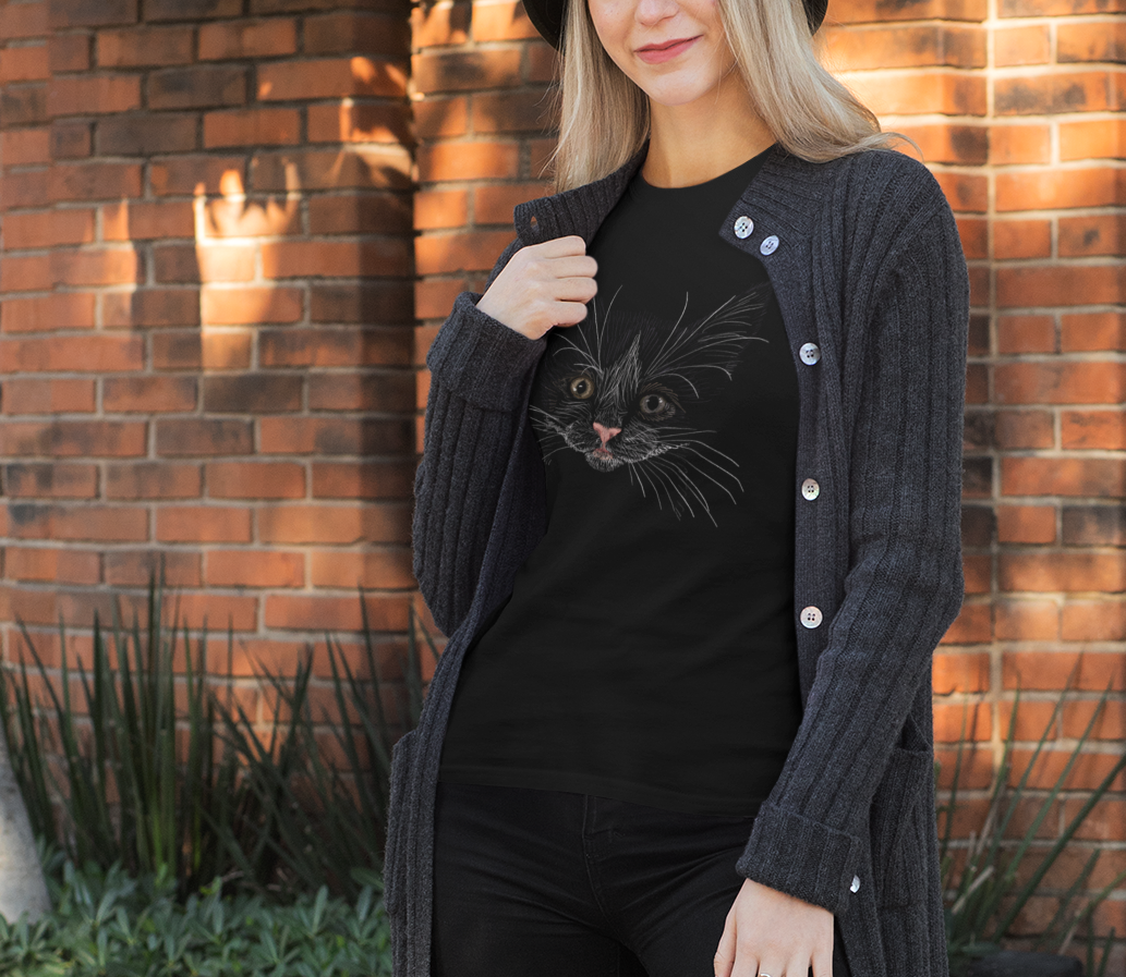 Jamie's Hand-Drawn Collection "Kitten Grey Eyes" Unisex Soft-Style Tee Shirt