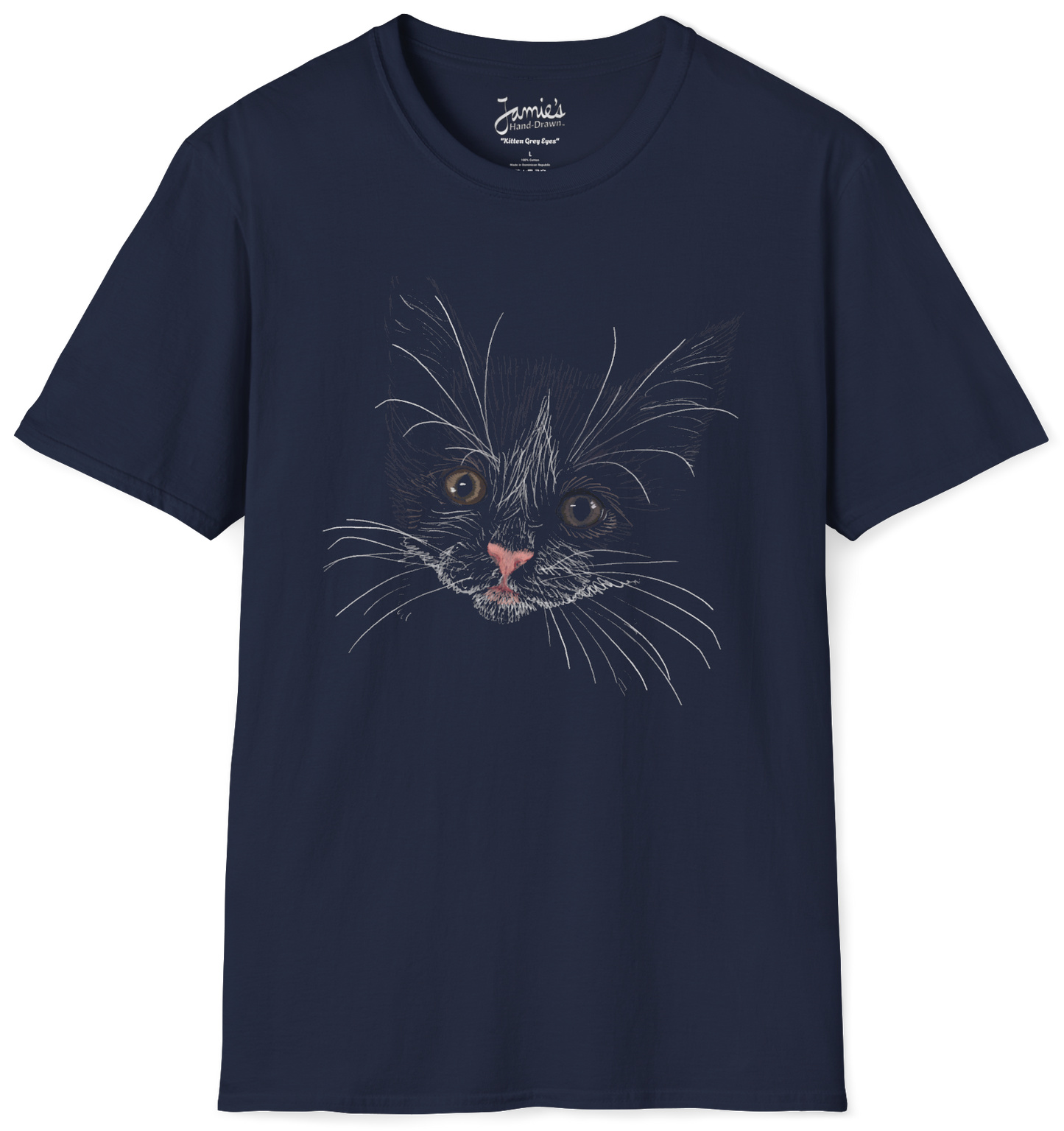 Jamie's Hand-Drawn Collection "Kitten Grey Eyes" Unisex Soft-Style Tee Shirt