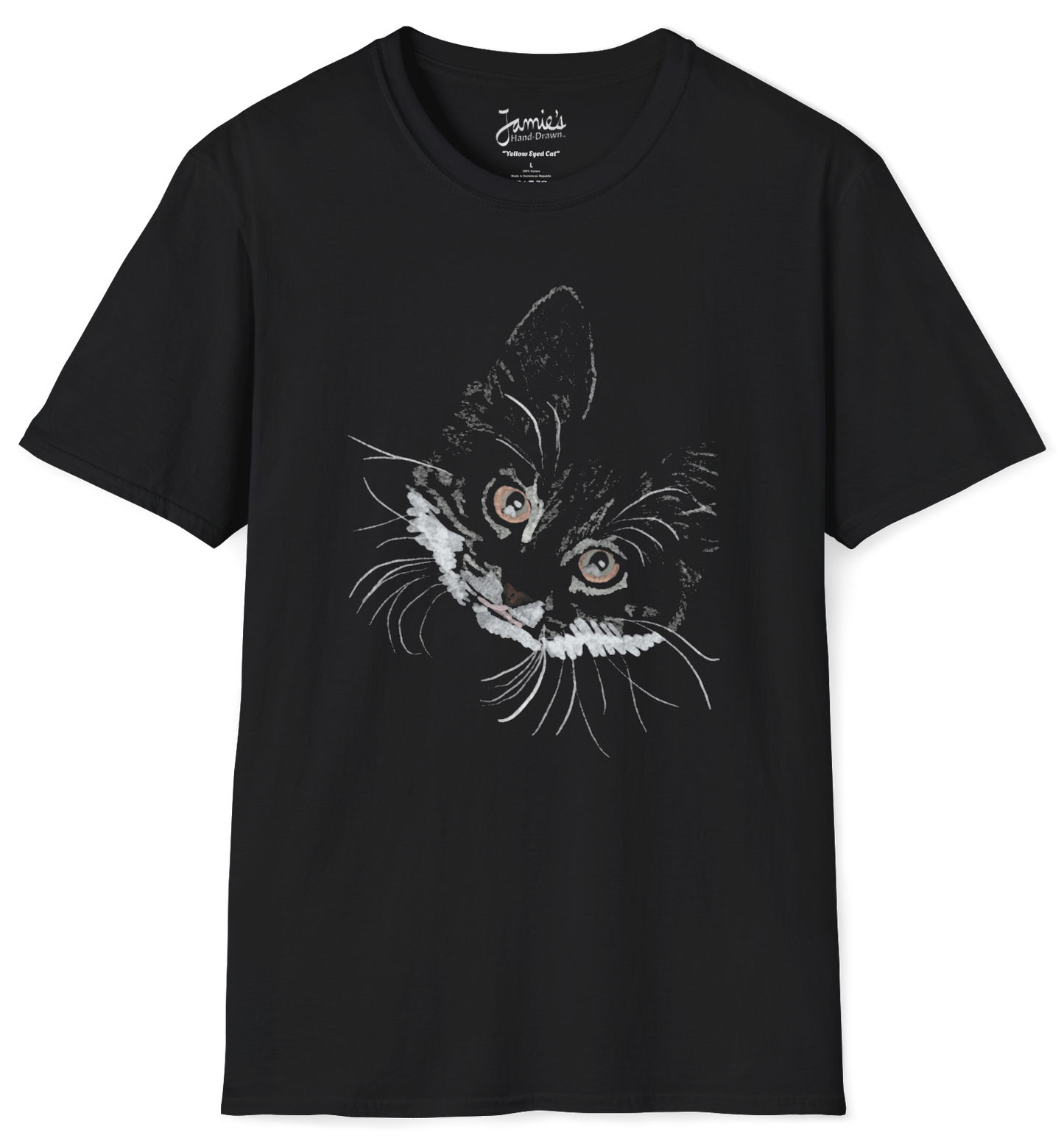 Jamie's Hand-Drawn Collection "Yellow Eyed Cat" Unisex Soft-Style Tee Shirt