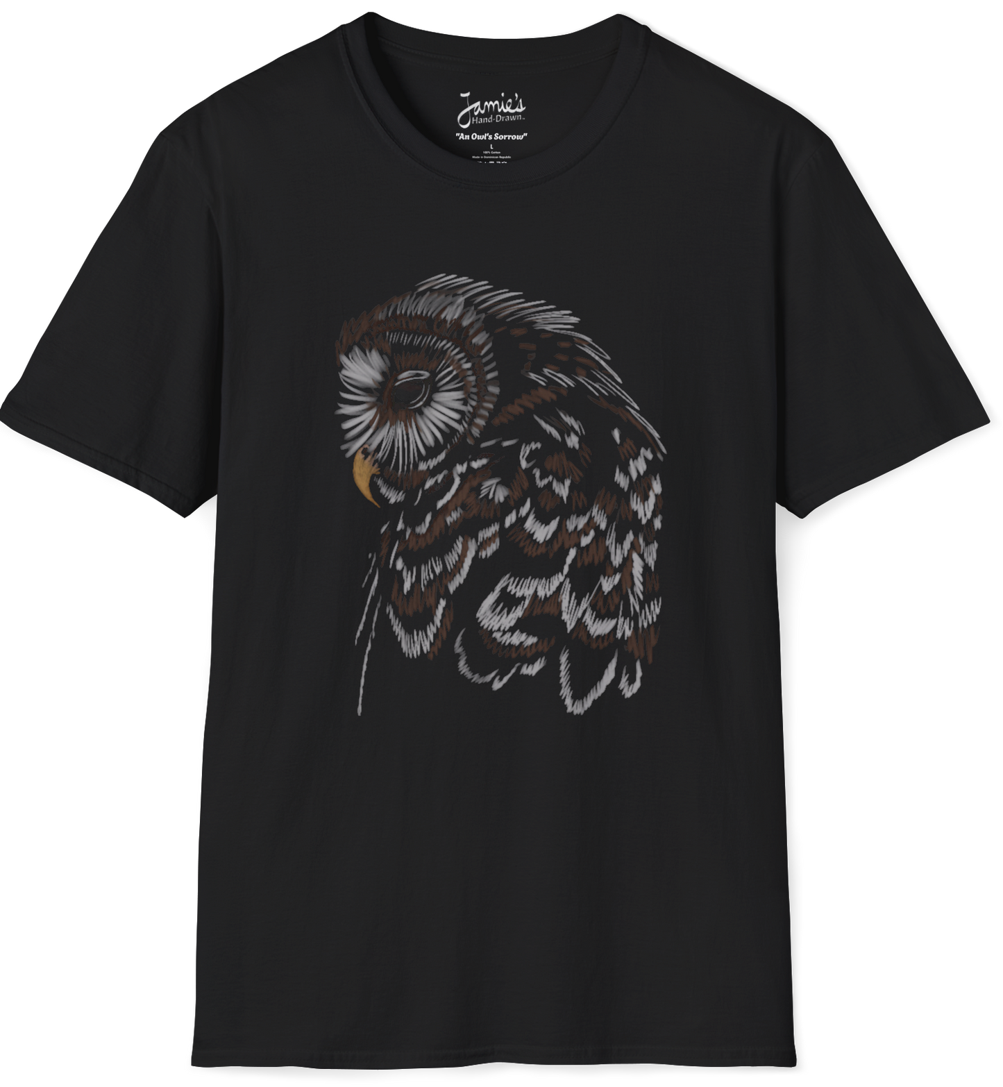 Jamie's Hand-Drawn Collection "An Owl's Sorrow" Unisex Soft-Style Tee Shirt