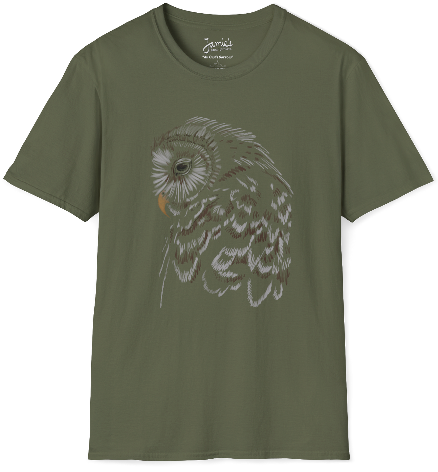 Jamie's Hand-Drawn Collection "An Owl's Sorrow" Unisex Soft-Style Tee Shirt