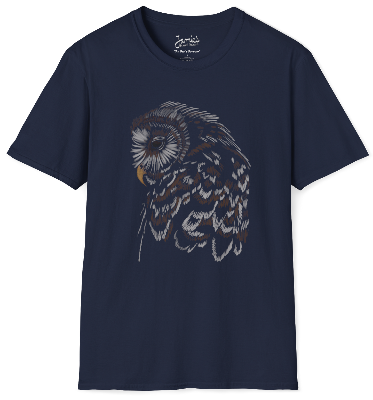 Jamie's Hand-Drawn Collection "An Owl's Sorrow" Unisex Soft-Style Tee Shirt