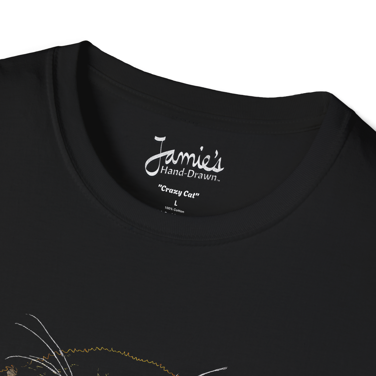 Jamie's Hand-Drawn Collection "Crazy Cat" Unisex Soft-Style Tee Shirt