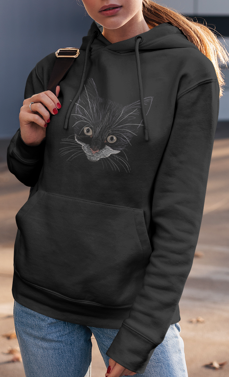 "Grey Eyed Kitty" Jamie's Hand-Drawn Cat Collection Hoodie