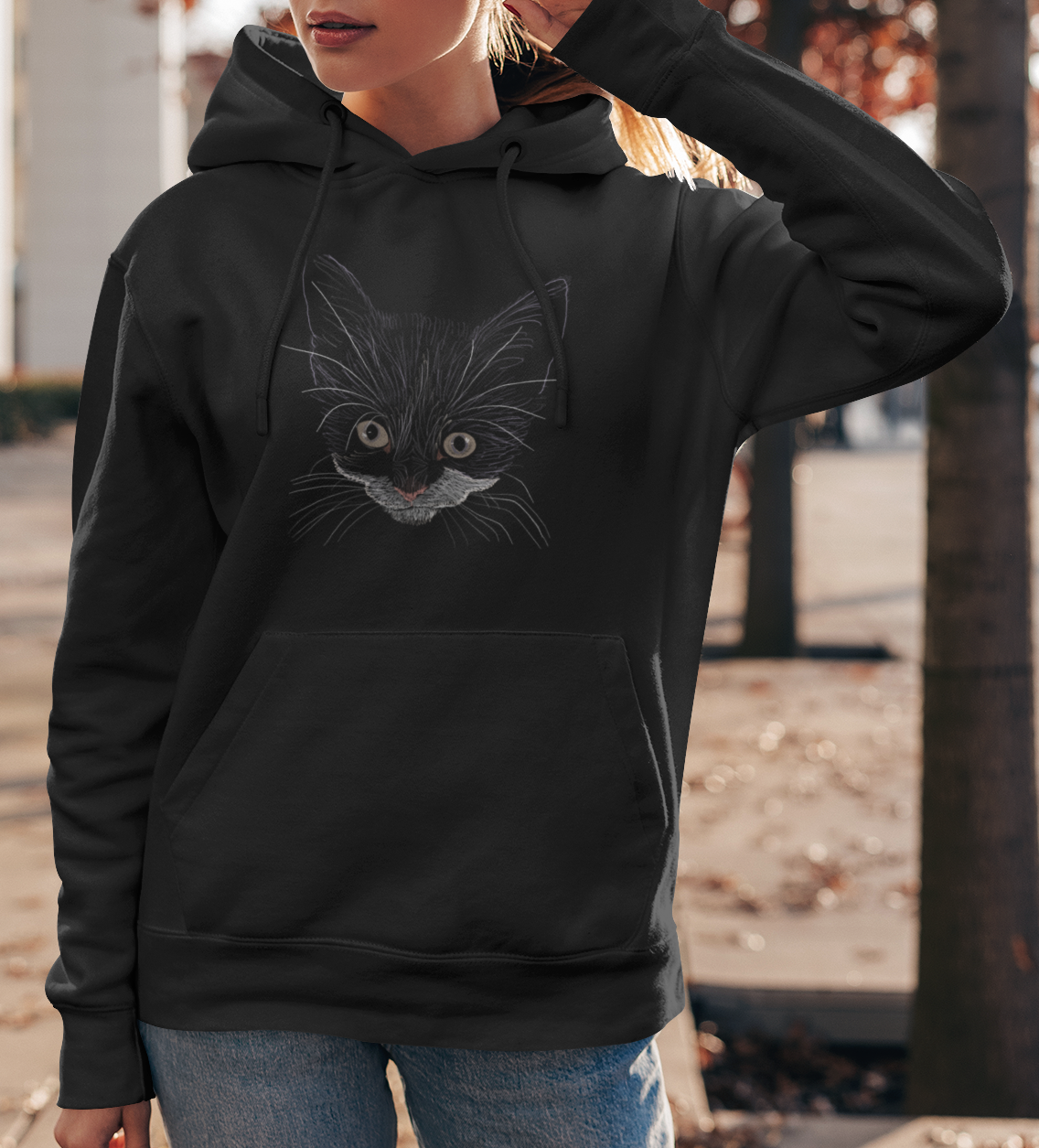 "Grey Eyed Kitty" Jamie's Hand-Drawn Cat Collection Hoodie