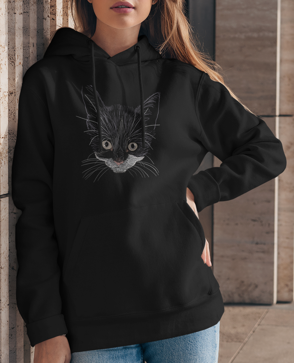 "Grey Eyed Kitty" Jamie's Hand-Drawn Cat Collection Hoodie