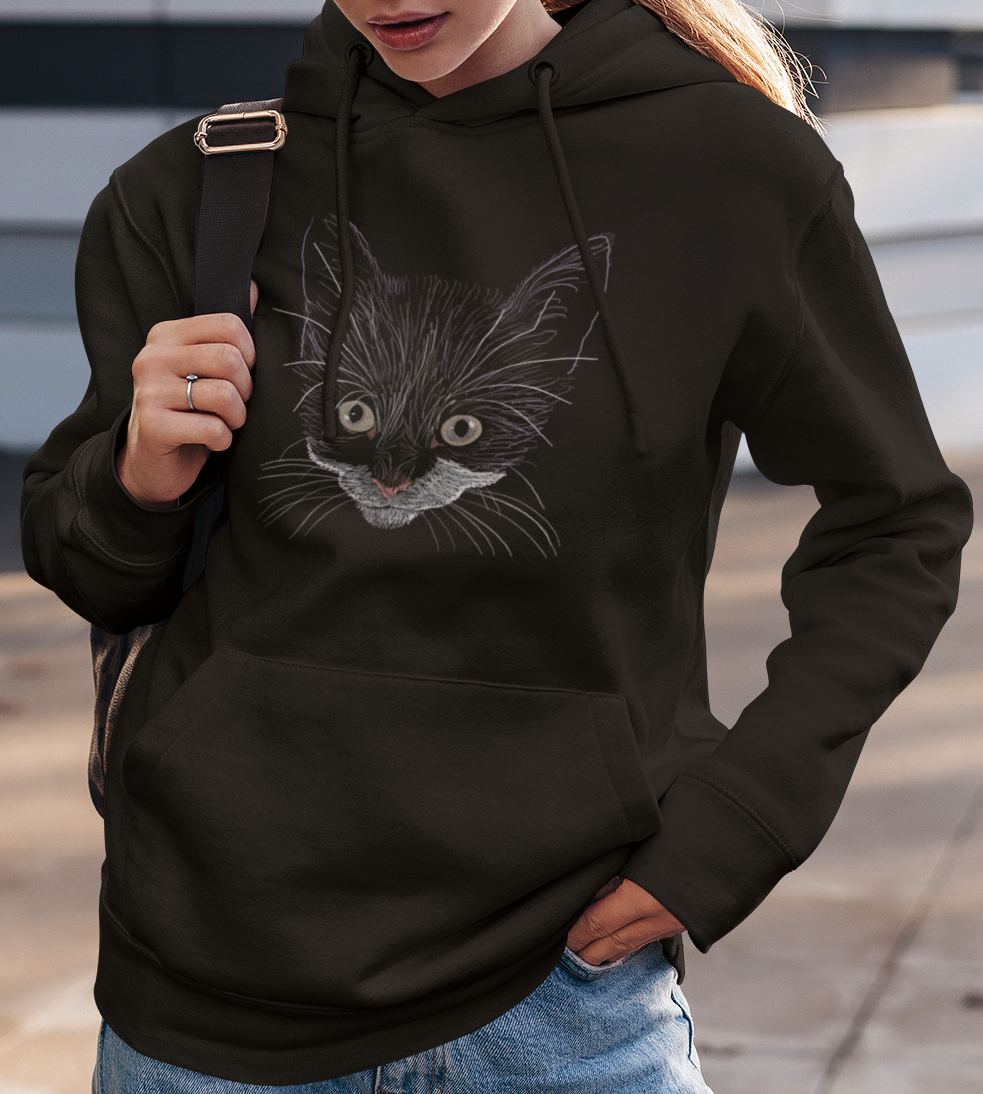 "Grey Eyed Kitty" Jamie's Hand-Drawn Cat Collection Hoodie