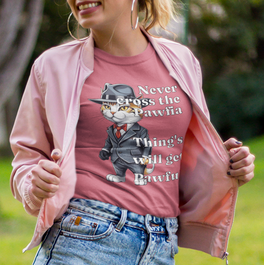 Cat Mobster T-Shirt - Don't Cross the Pawfia - Funny and Cute Cartoon Design