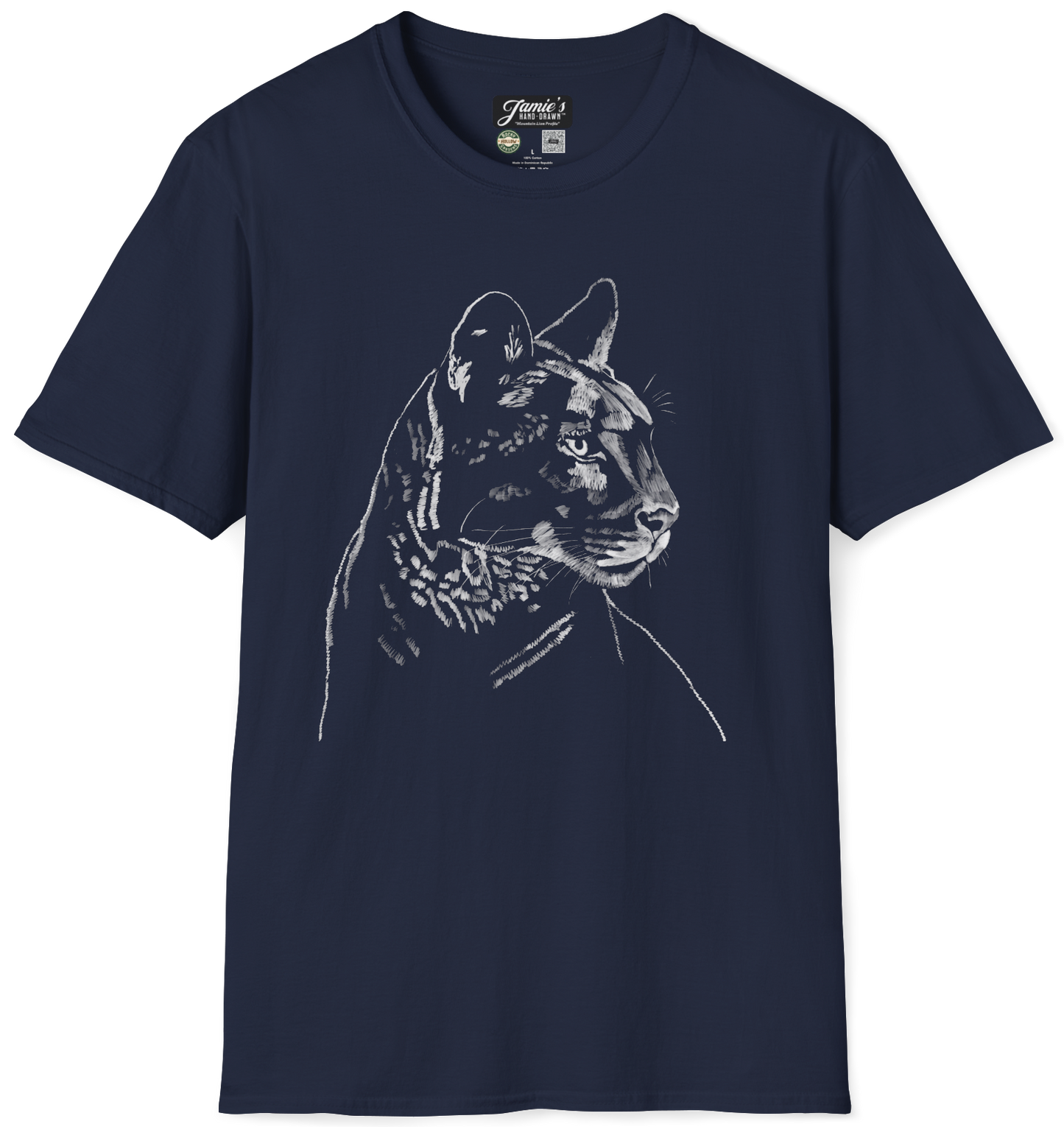 "Mountain Lion Profile" Jamie's Hand-Drawn Cat Collection Unisex Soft-style T-Shirt