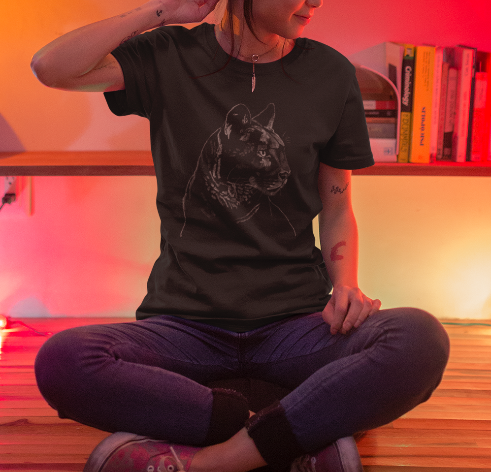 "Mountain Lion Profile" Jamie's Hand-Drawn Cat Collection Unisex Soft-style T-Shirt
