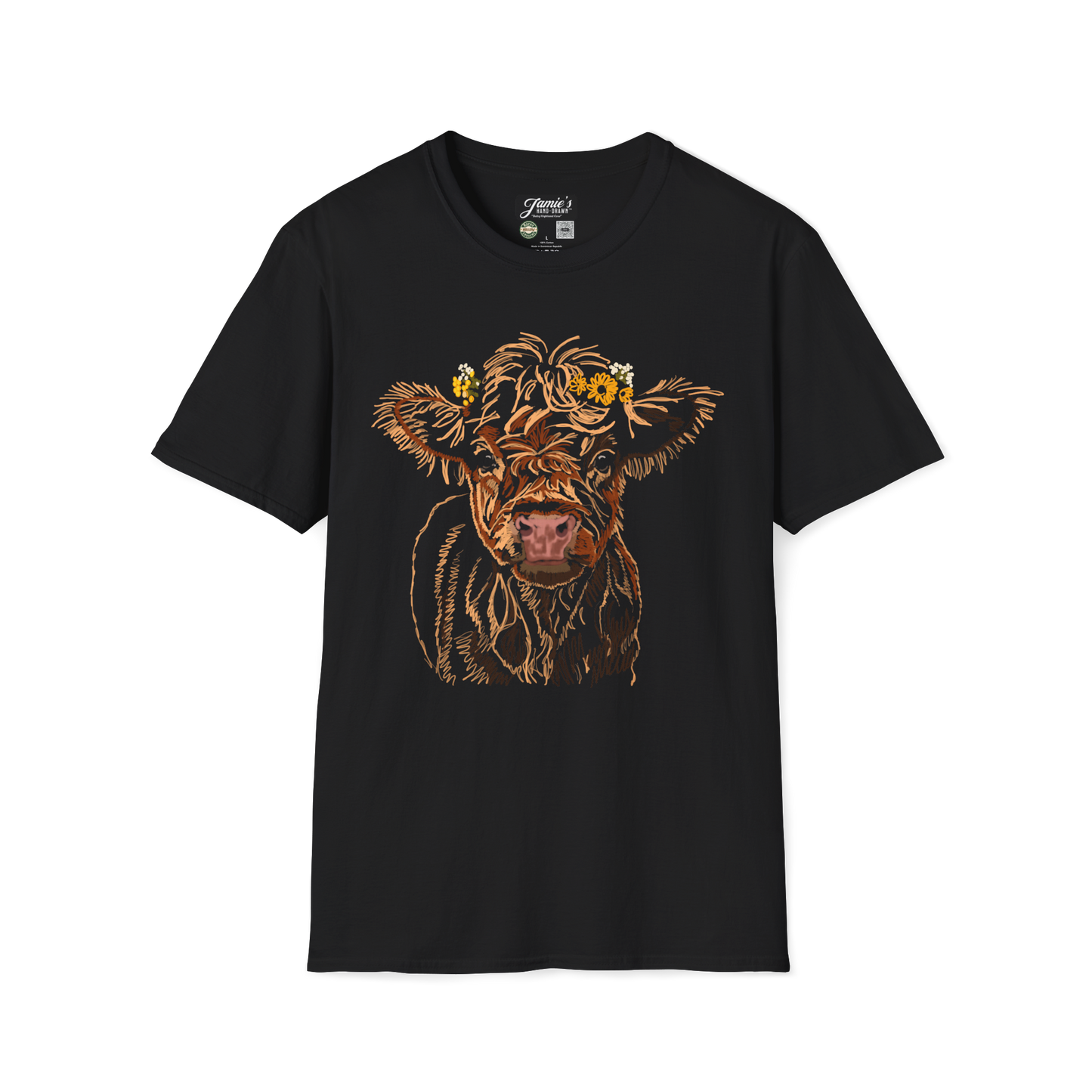 "Baby Highland Cow" Jamie's Hand-Drawn Cow Collection Unisex Soft-style T-Shirt