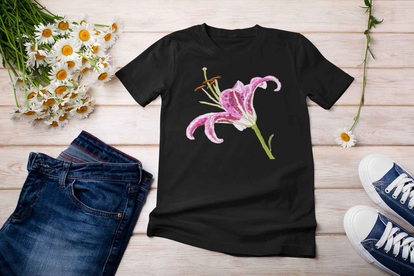 "Pink Lily" Jamie's Hand-Drawn Floral Collection Unisex Soft-style T-Shirt