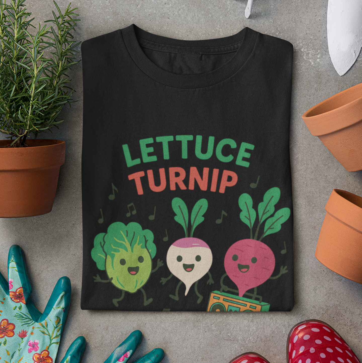 "Lettuce Turnip the Beet" Unisex Funny Gardening T-Shirt β Cute Vegetable Pun Shirt for Gardeners & Music Lovers