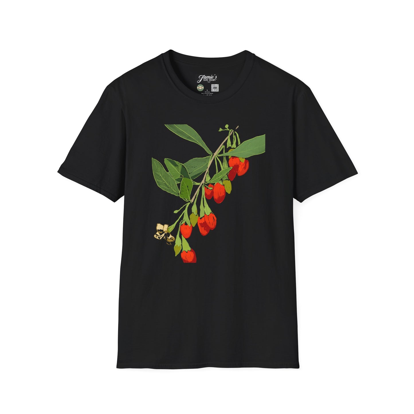 "Goji" Jamie's Hand-Drawn Floral Graphic T-Shirt - Unisex Soft-style Tee, Nature Lover Gift, Spring Fashion, Botanical Art Tee, Eco-Friendly Apparel